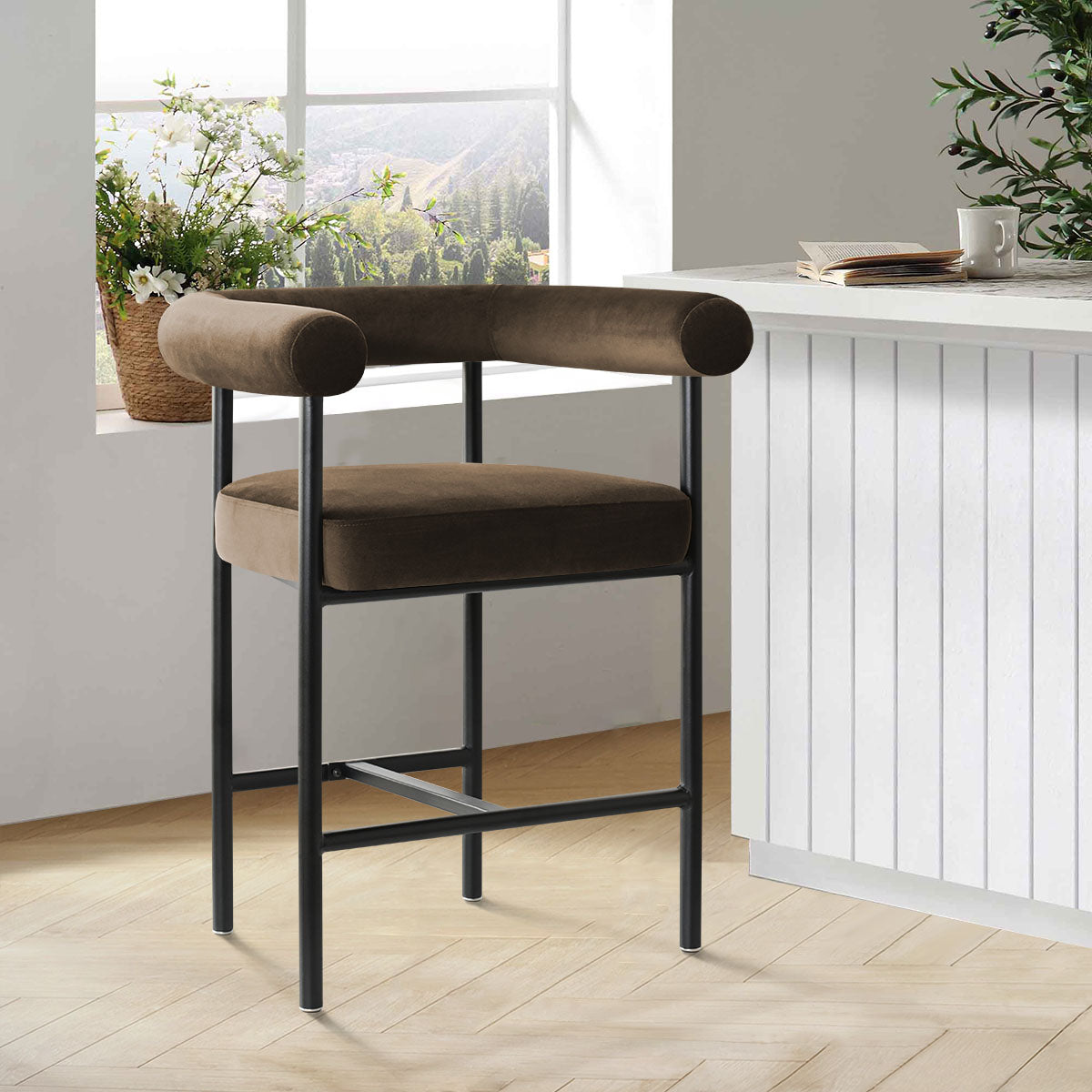 New York 24" Velvet Counter Stool with Arms (Set of 2)