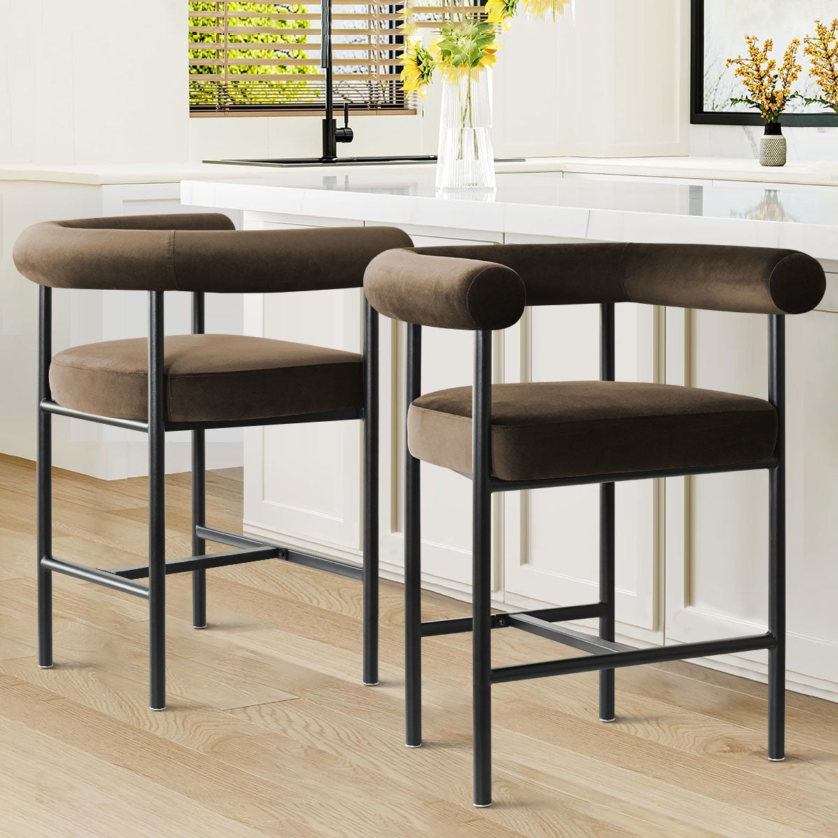 New York 24" Velvet Counter Stool with Arms (Set of 2)