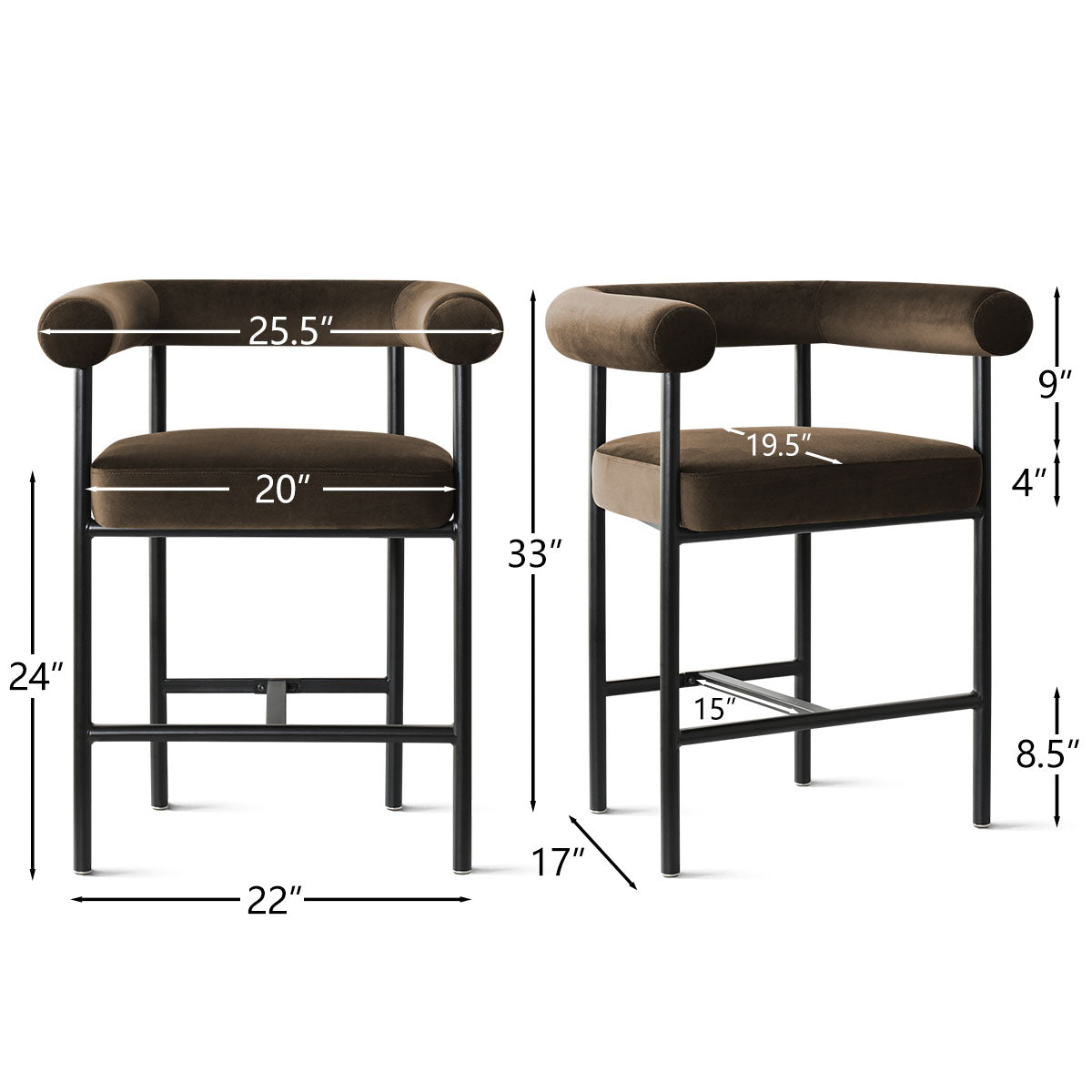 New York 24" Velvet Counter Stool with Arms (Set of 2)