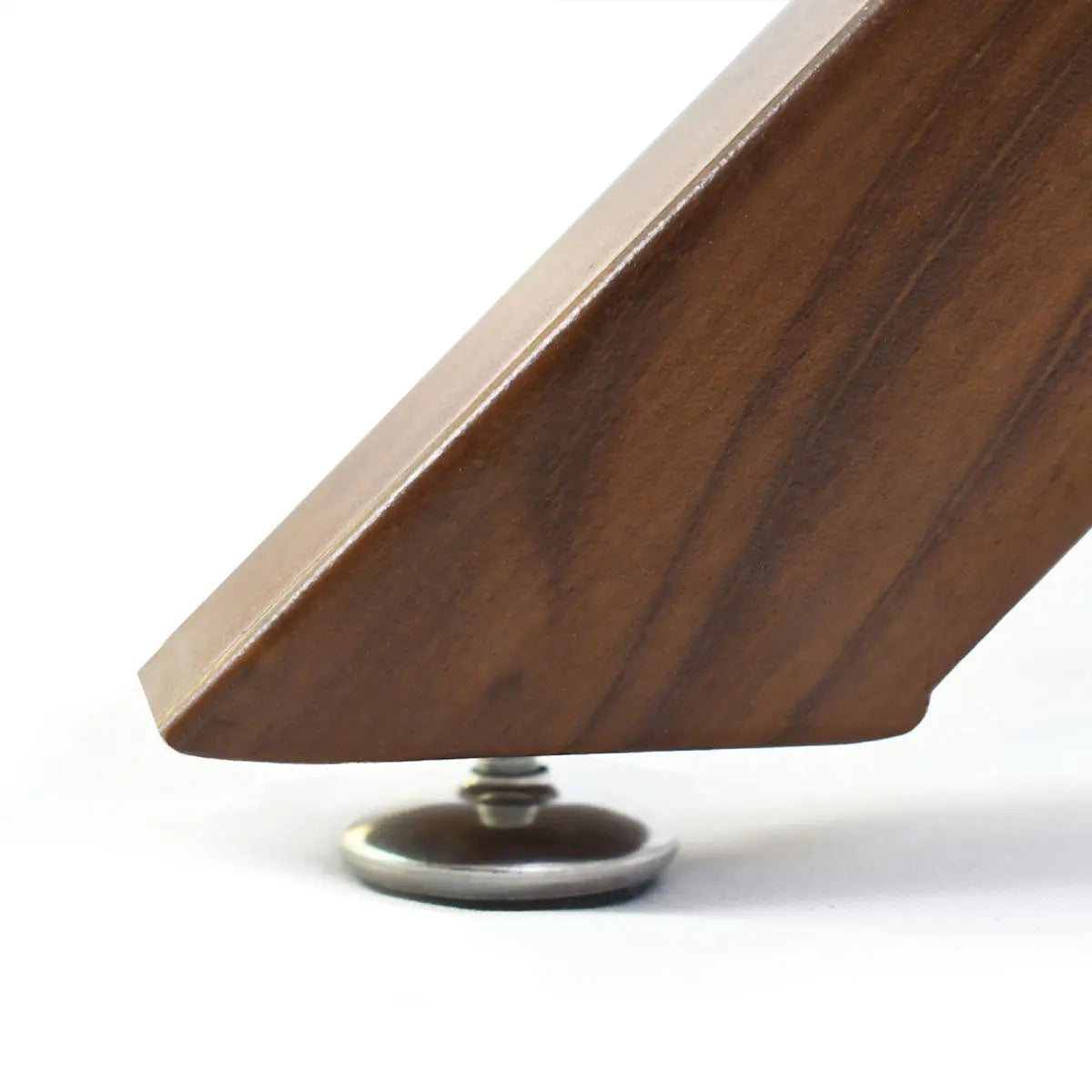 Close-up wooden leg detail of Oliver Modern Round Glass Dining Table with adjustable foot.