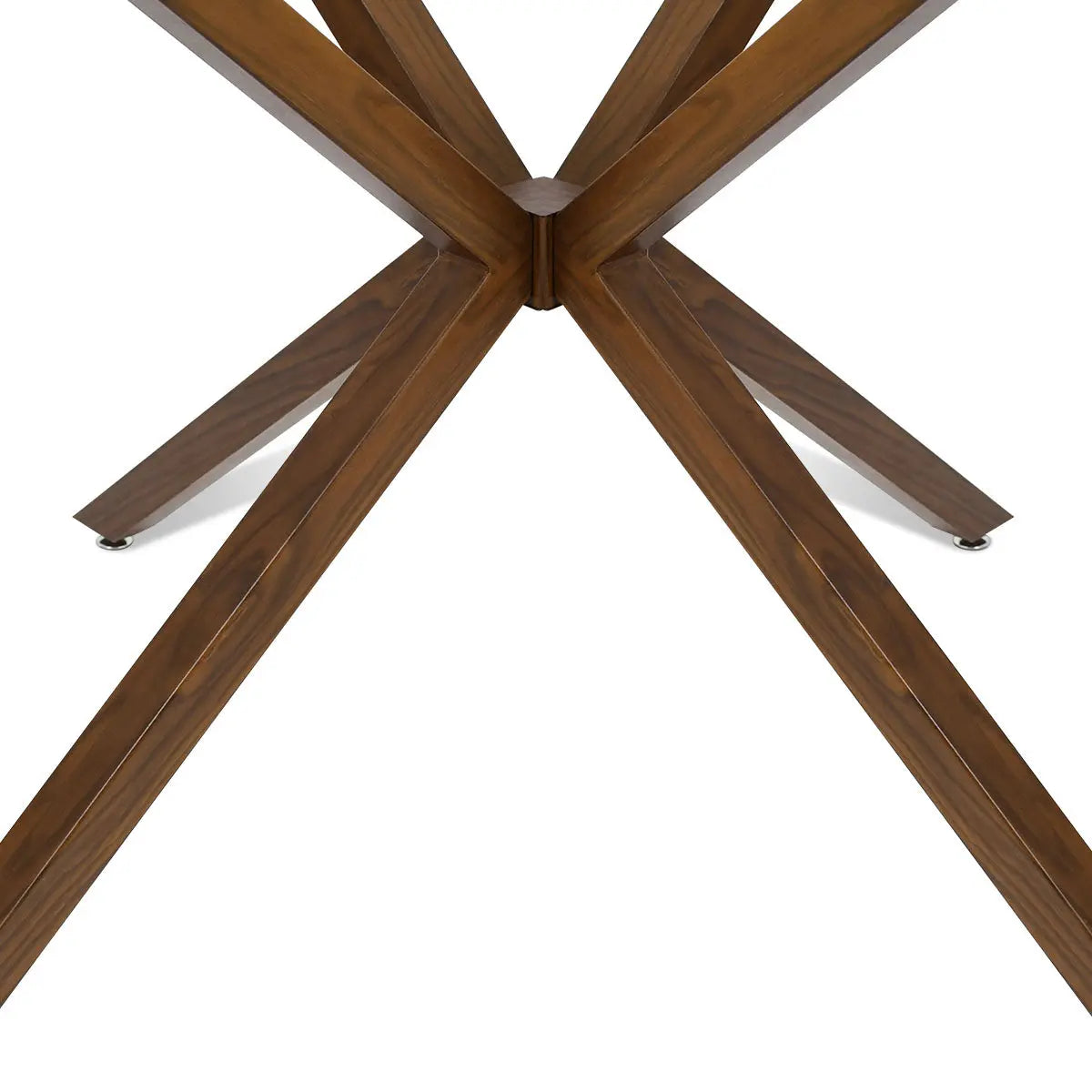 Brown wooden base of Oliver Modern Round Glass Dining Table against white background.