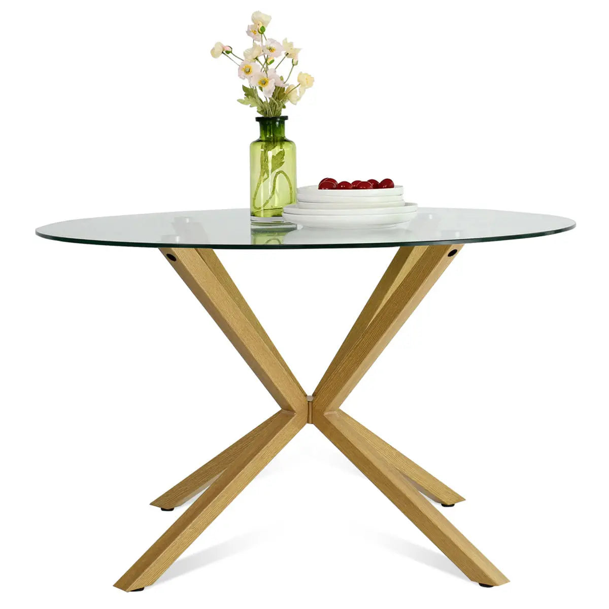 Oliver round glass dining table with wooden legs, modern design, suitable for dining rooms.