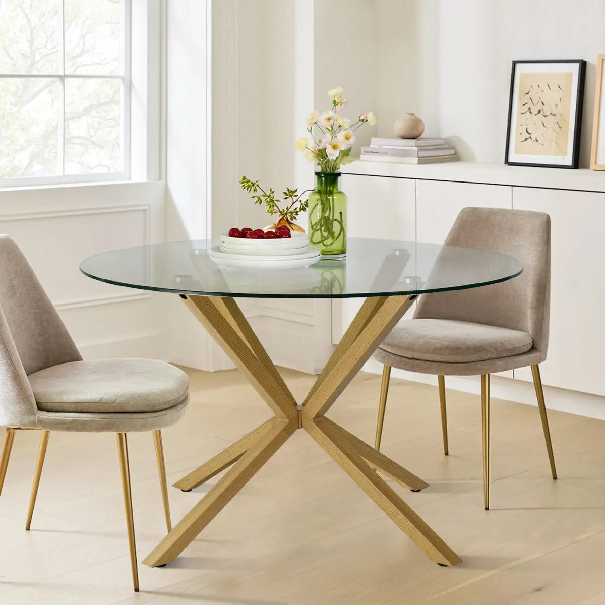 Oliver 39" modern glass dining table with beige chairs, white walls, and light wood flooring.