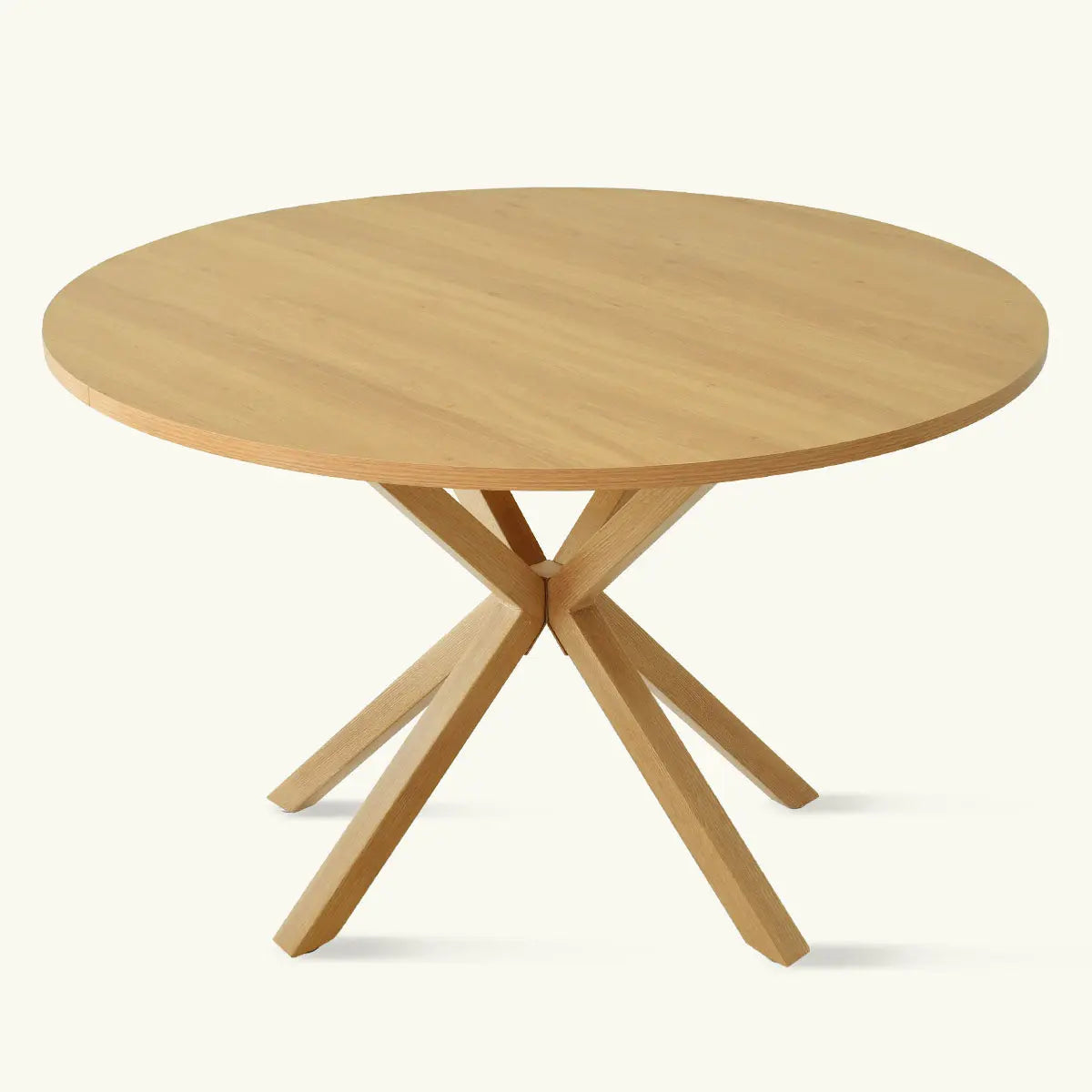 Oliver Modern Round Dining Table, wooden minimalist design, in light wood finish, solid background.