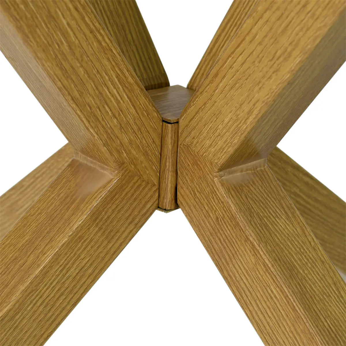 Oliver Modern Round Glass Dining Table base detail, wooden structure, close-up view.
