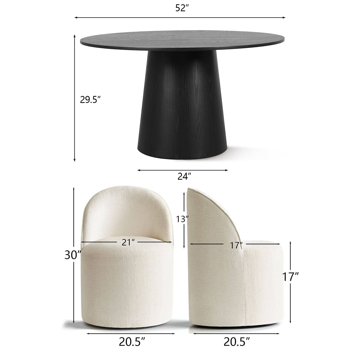 Orchid & Doris 52" Round Black Dining Table Set for 4 (5-Piece)