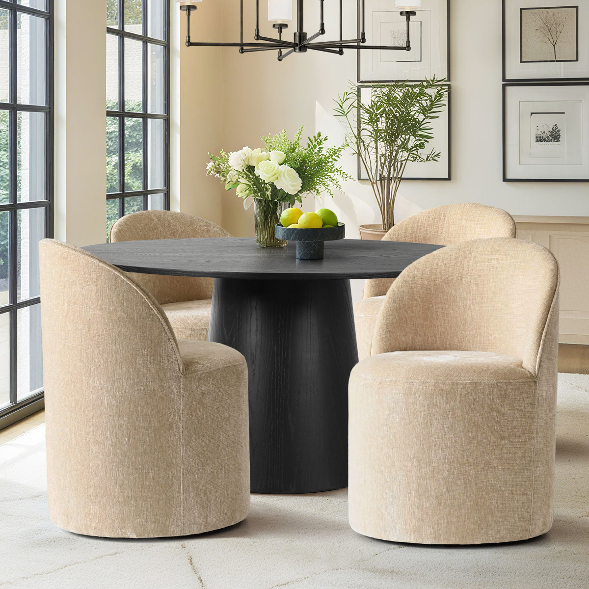 Orchid & Doris 52" Round Black Dining Table Set for 4 (5-Piece)