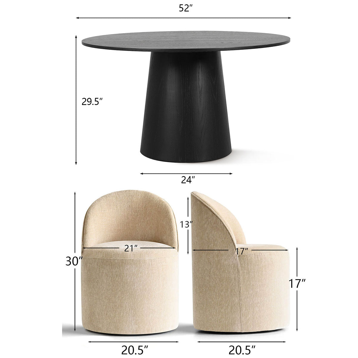 Orchid & Doris 52" Round Black Dining Table Set for 4 (5-Piece)