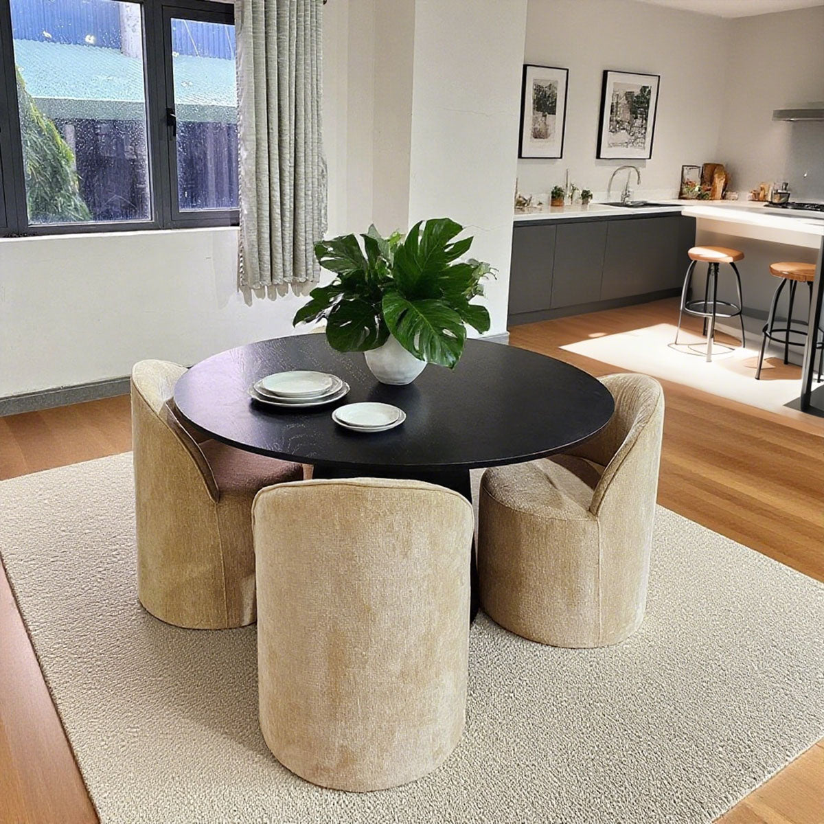 Orchid & Doris 52" Round Black Dining Table Set for 4 (5-Piece)