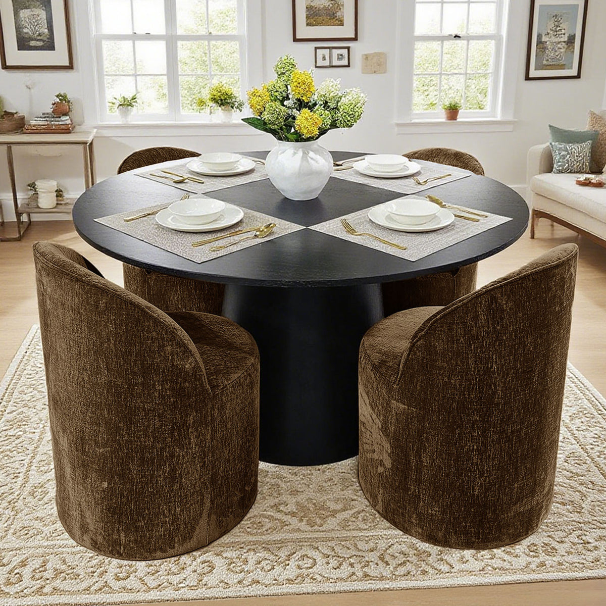 Orchid & Doris 52" Round Black Dining Table Set for 4 (5-Piece)