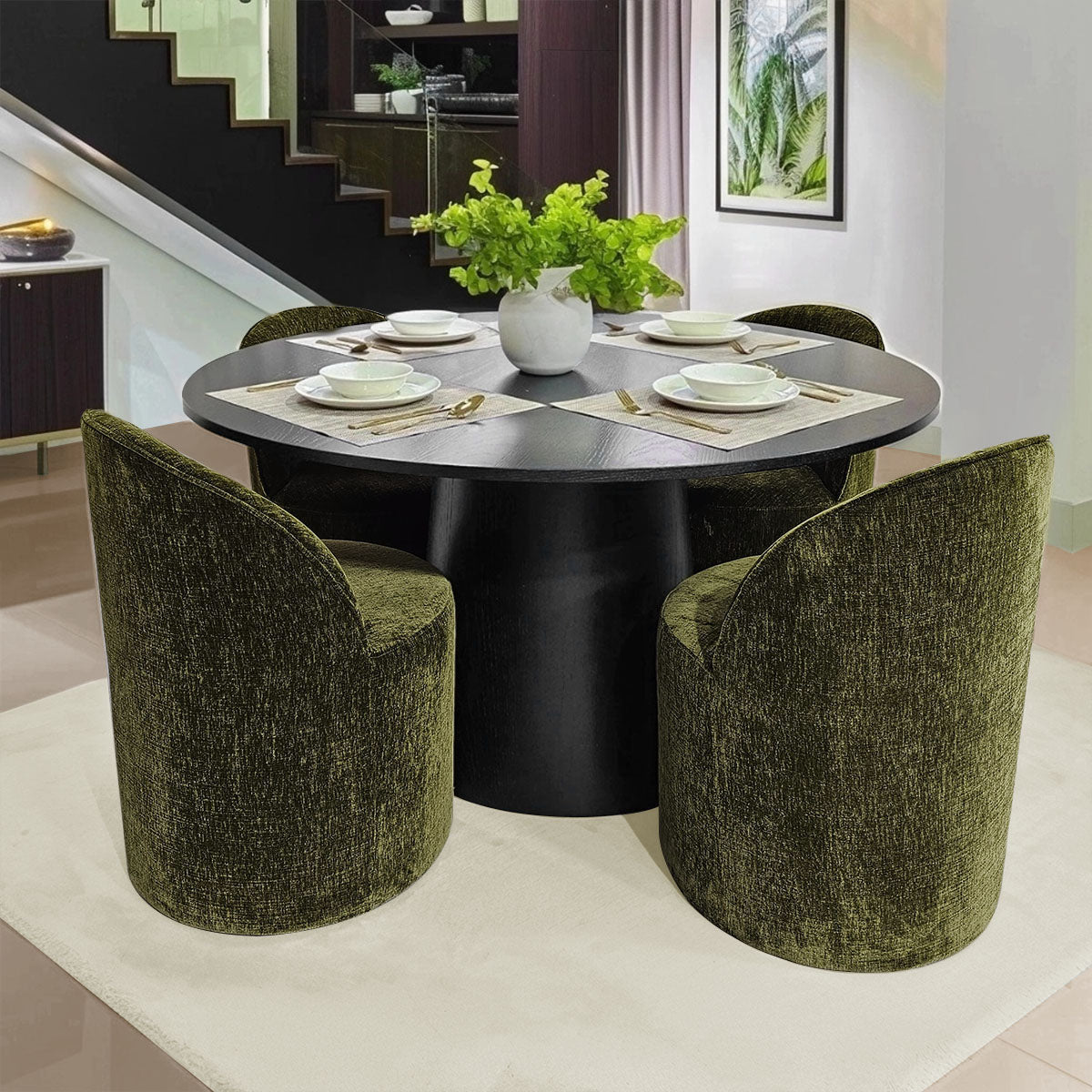 Orchid & Doris 52" Round Black Dining Table Set for 4 (5-Piece)