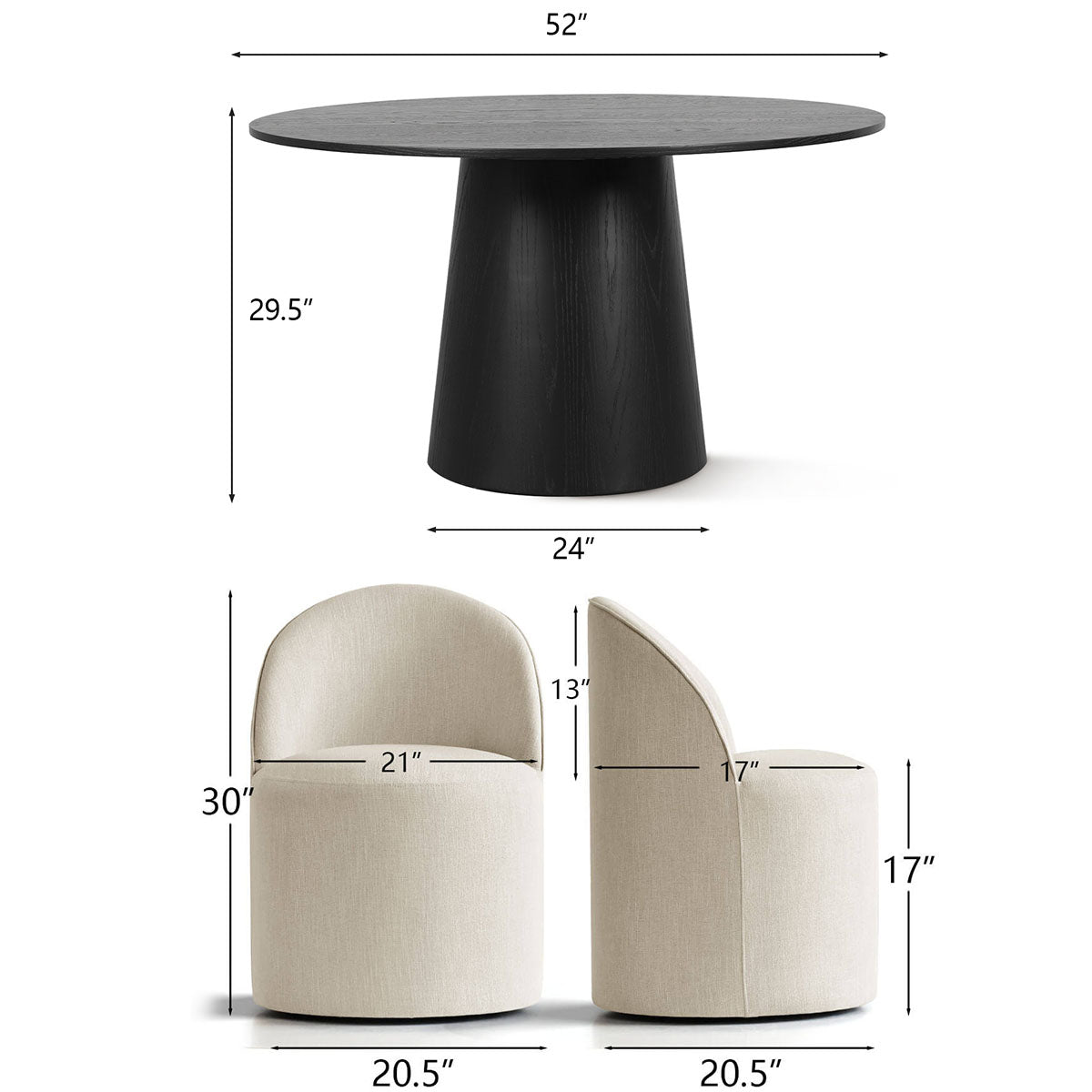 Orchid & Doris 52" Round Black Dining Table Set for 4 (5-Piece)
