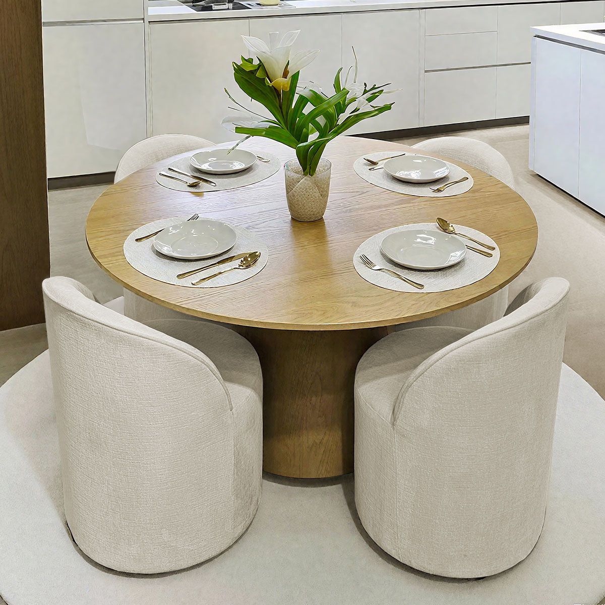 Orchid & Doris 52" Round Natural Dining Table Set for 4 (5-Piece)