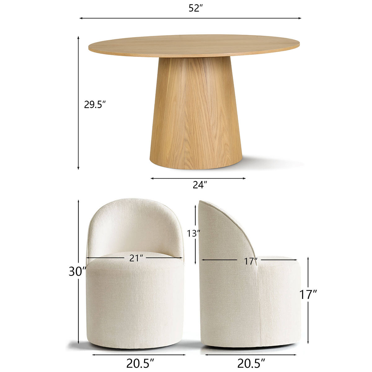 Orchid & Doris 52" Round Natural Dining Table Set for 4 (5-Piece)