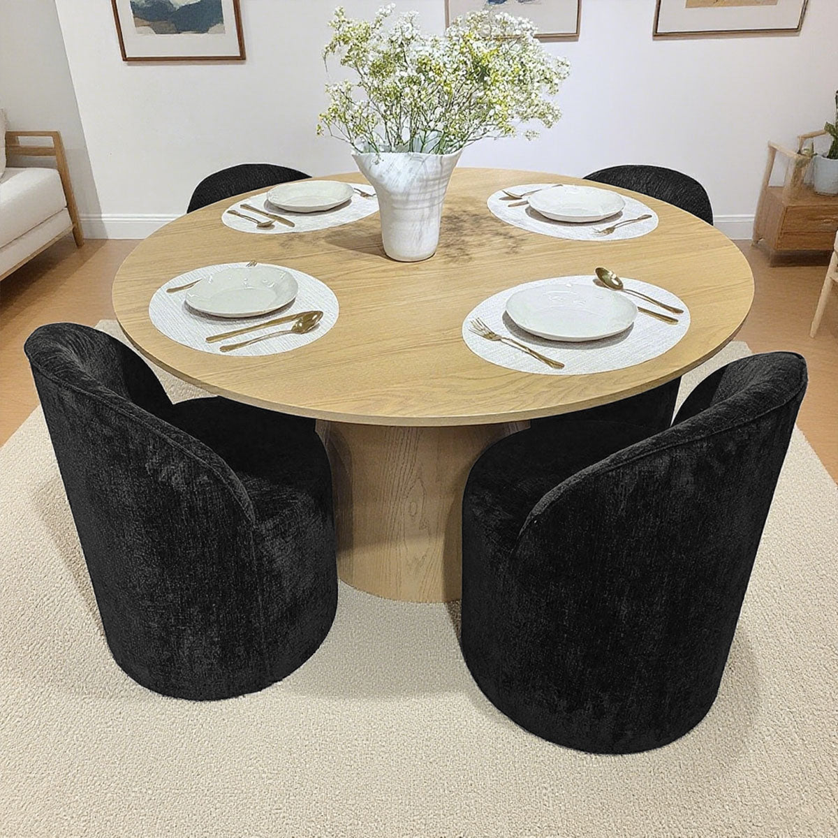 Orchid & Doris 52" Round Natural Dining Table Set for 4 (5-Piece)