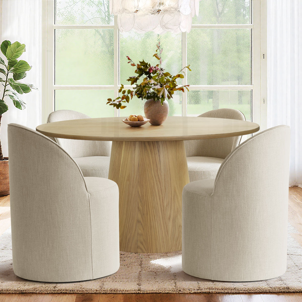 Orchid & Doris 52" Round Natural Dining Table Set for 4 (5-Piece)