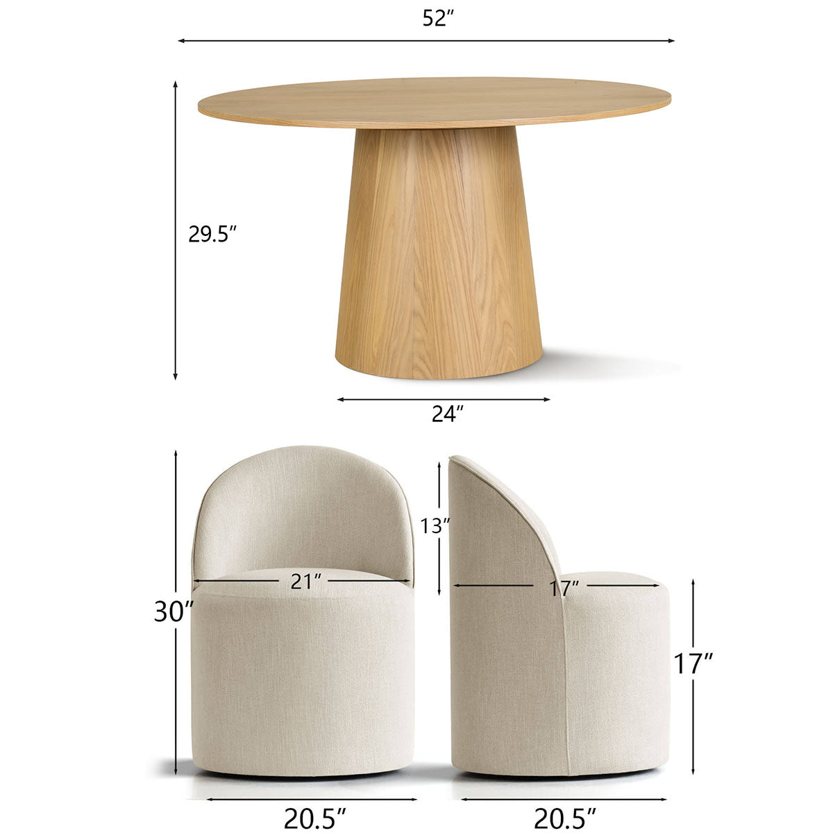 Orchid & Doris 52" Round Natural Dining Table Set for 4 (5-Piece)