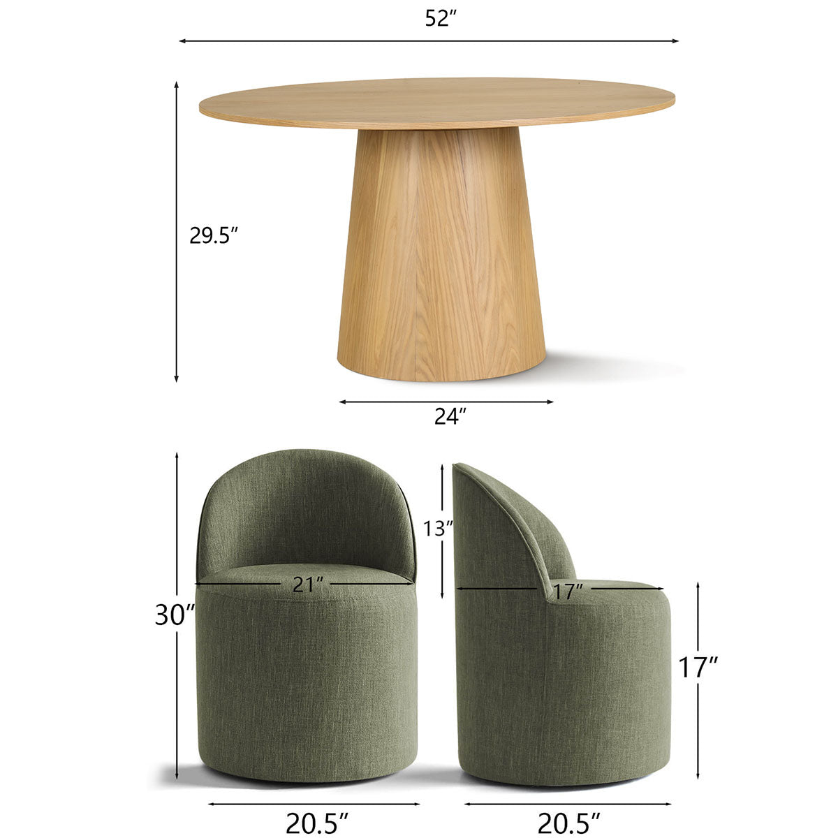 Orchid & Doris 52" Round Natural Dining Table Set for 4 (5-Piece)