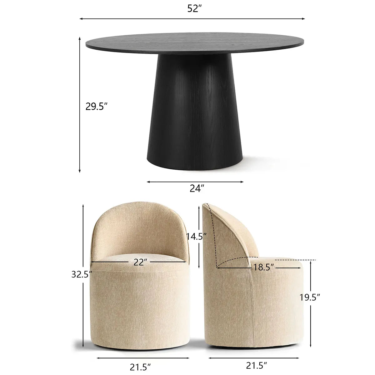 Orchid & Doris 52" Round Black Dining Table Set for 4 (5-Piece)