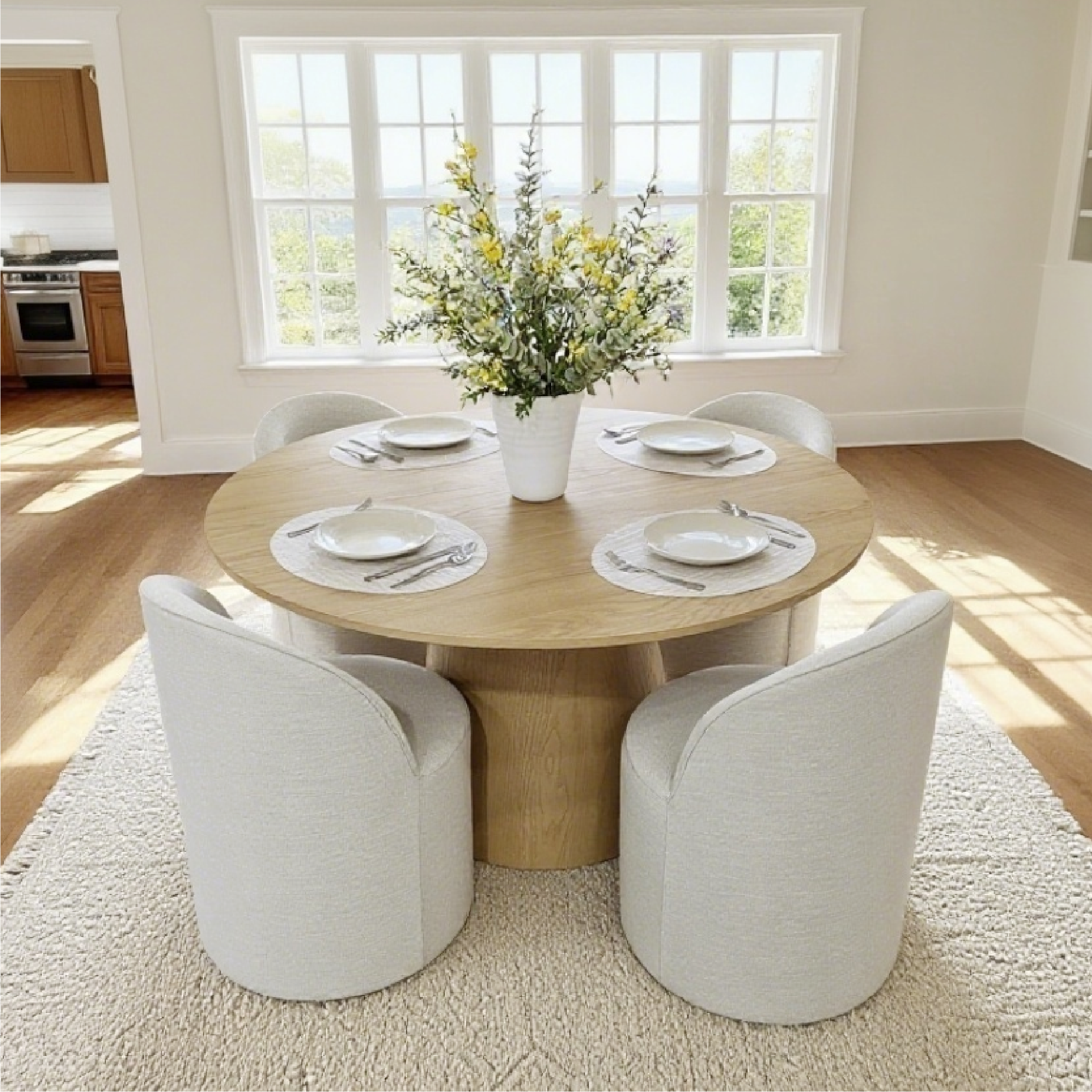 Orchid & Doris 52" Round Natural Dining Table Set for 4 (5-Piece)