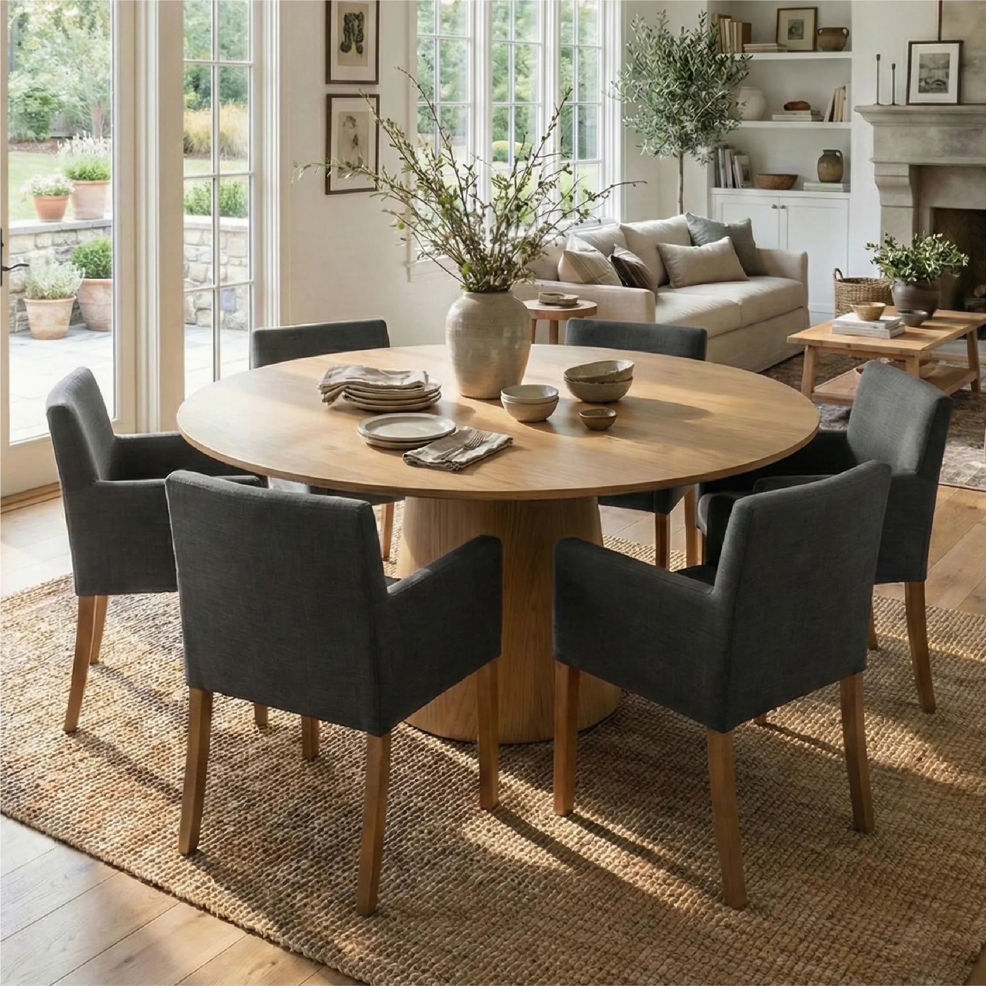 Orchid & North 60" Solid Oak Round Dining Table Set for 6 (7-Piece)
