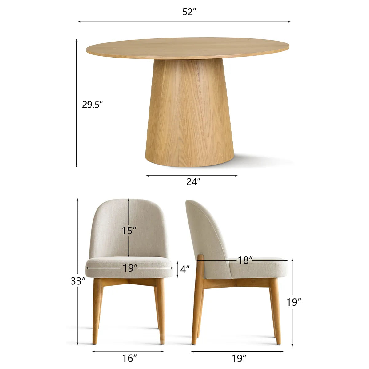 Orchid & Havana 52" Round Solid Oak Dining Table Set for 4 (5-Piece)