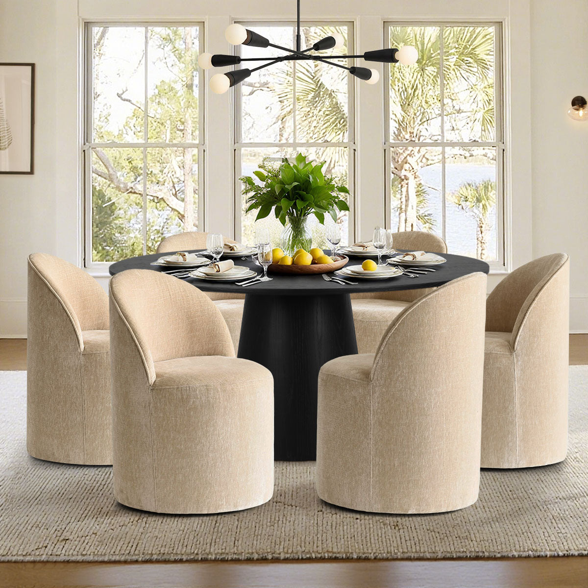 Orchid & Doris 60" Round Black Dining Table Set for 6 (7-Piece)