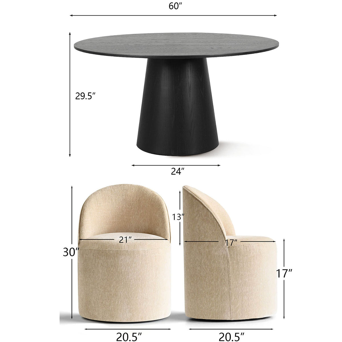 Orchid & Doris 60" Round Black Dining Table Set for 6 (7-Piece)