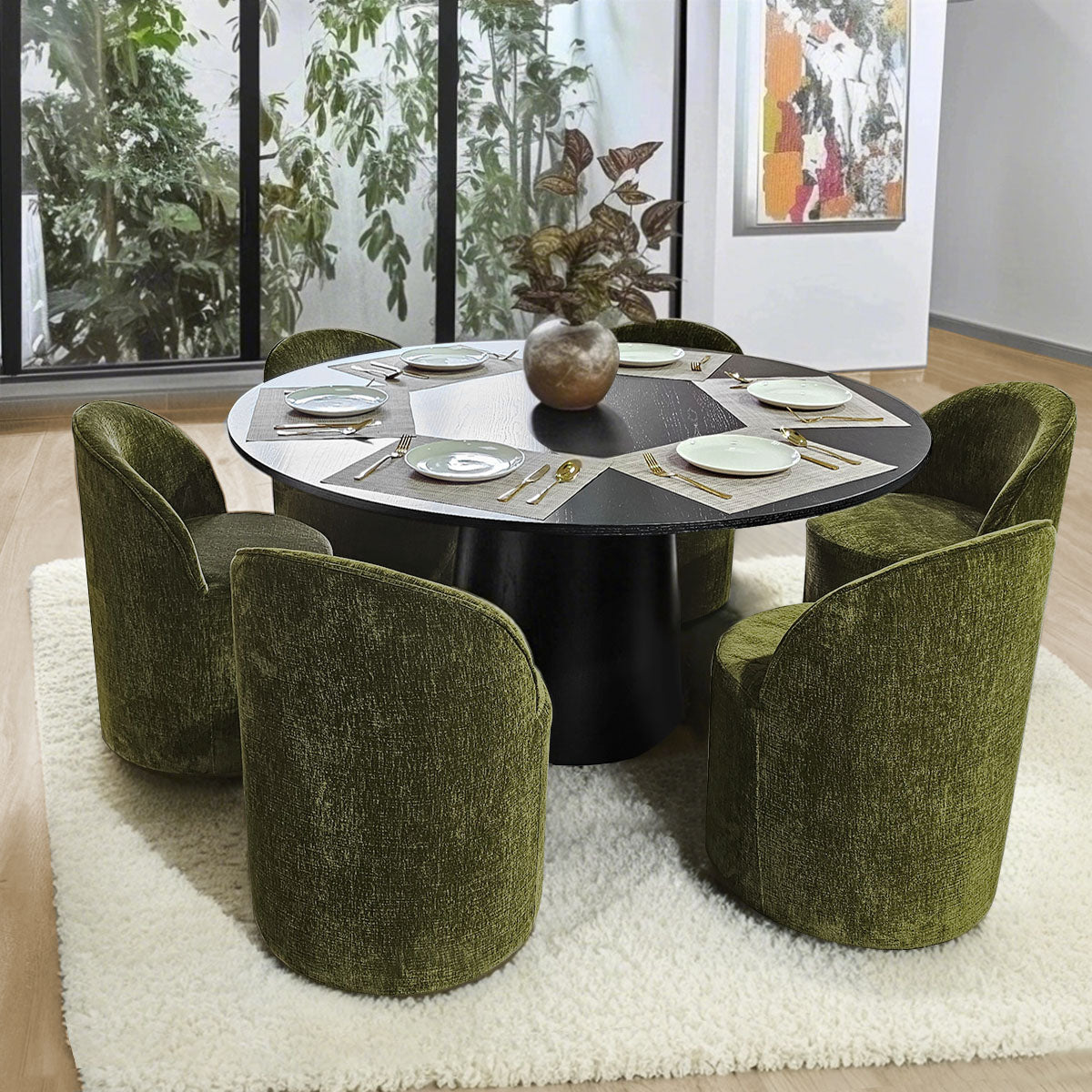 Orchid & Doris 60" Round Black Dining Table Set for 6 (7-Piece)