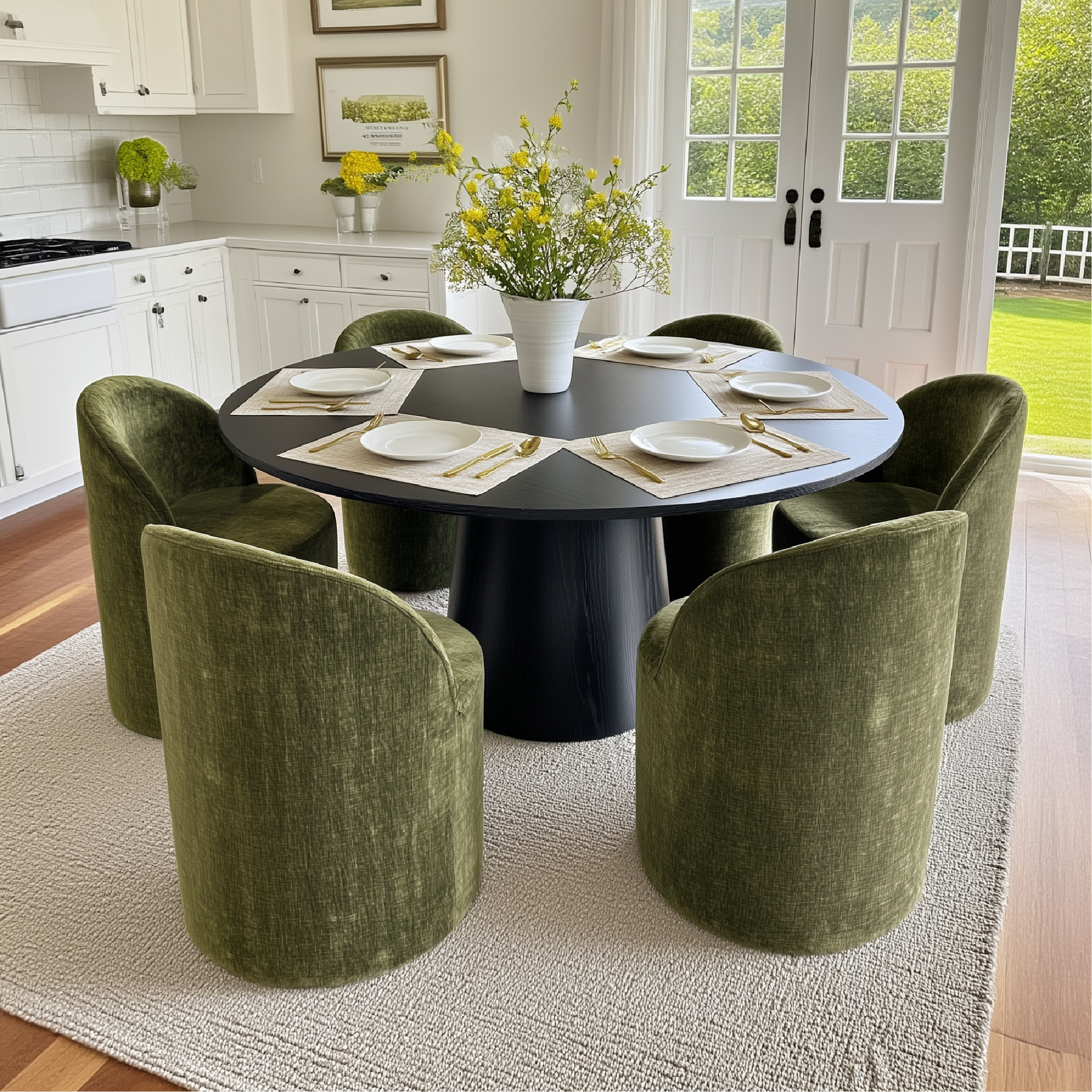 Orchid & Doris 60" Round Black Dining Table Set for 6 (7-Piece)