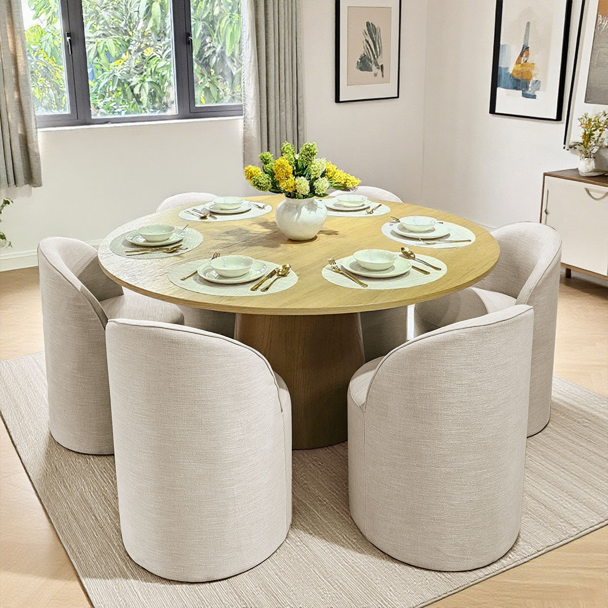 Orchid & Doris 60" Round Natural Dining Table Set for 6 (7-Piece)