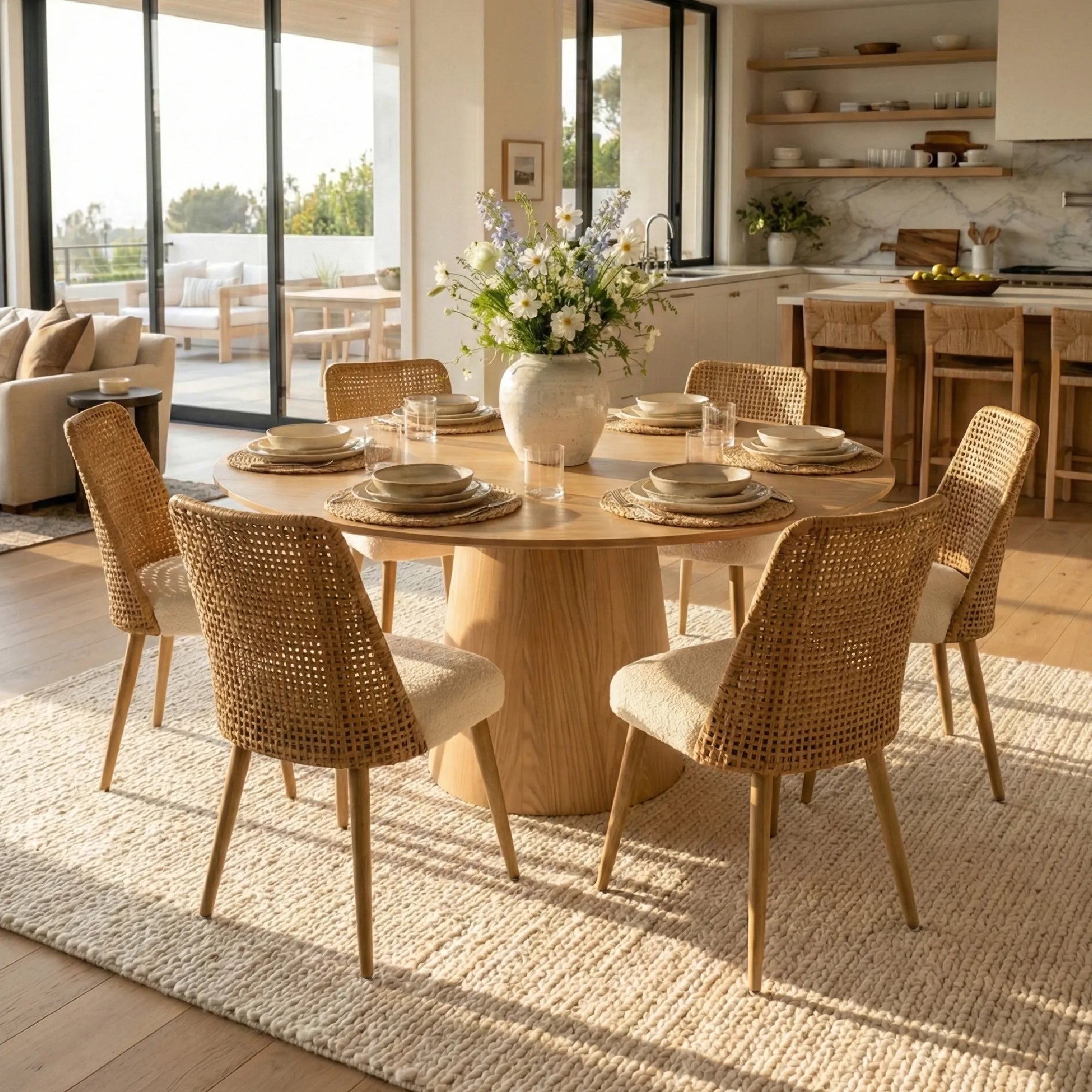 Orchid & Nice 60" Solid Oak Round Dining Table Set for 6 (7-Piece)