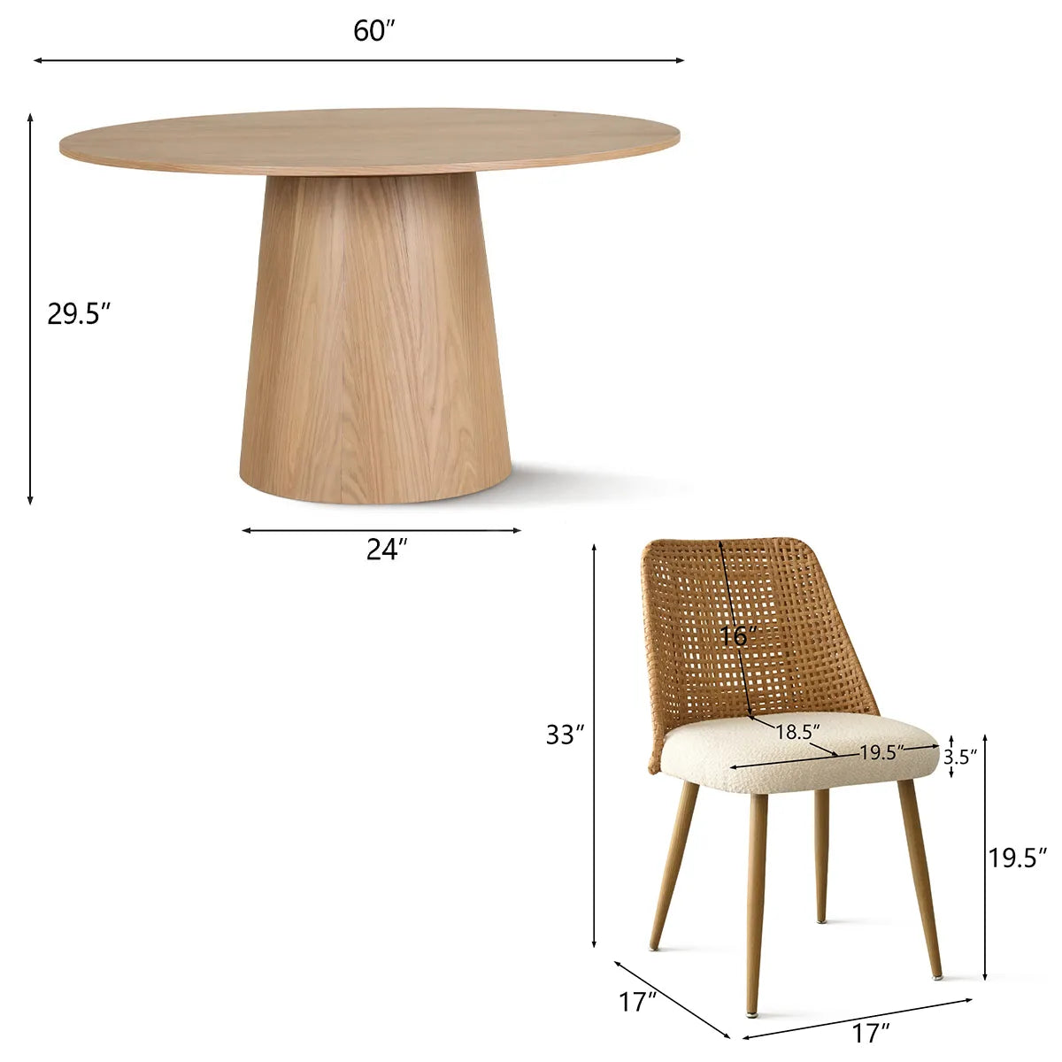 Orchid & Nice 60" Solid Oak Round Dining Table Set for 6 (7-Piece)