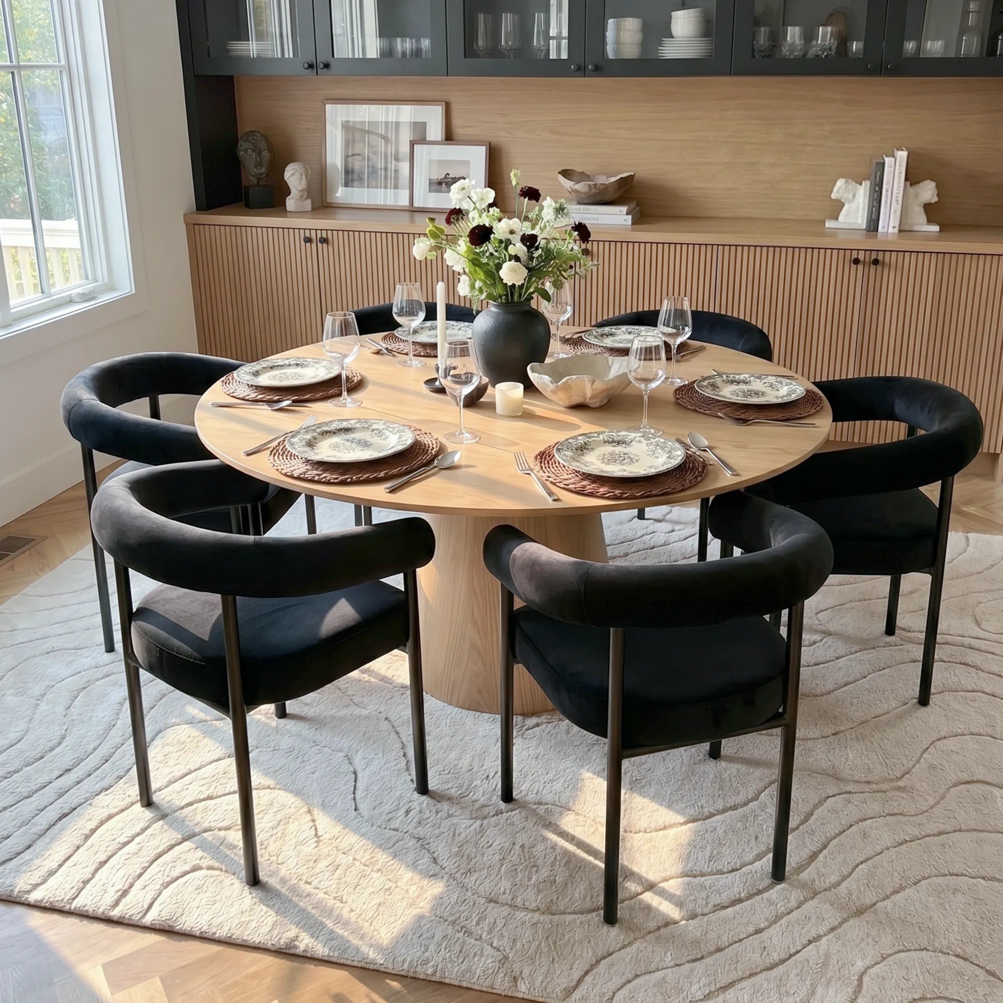 Orchid & New York 60" Solid Oak Round Dining Table Set for 6 (7-Piece)