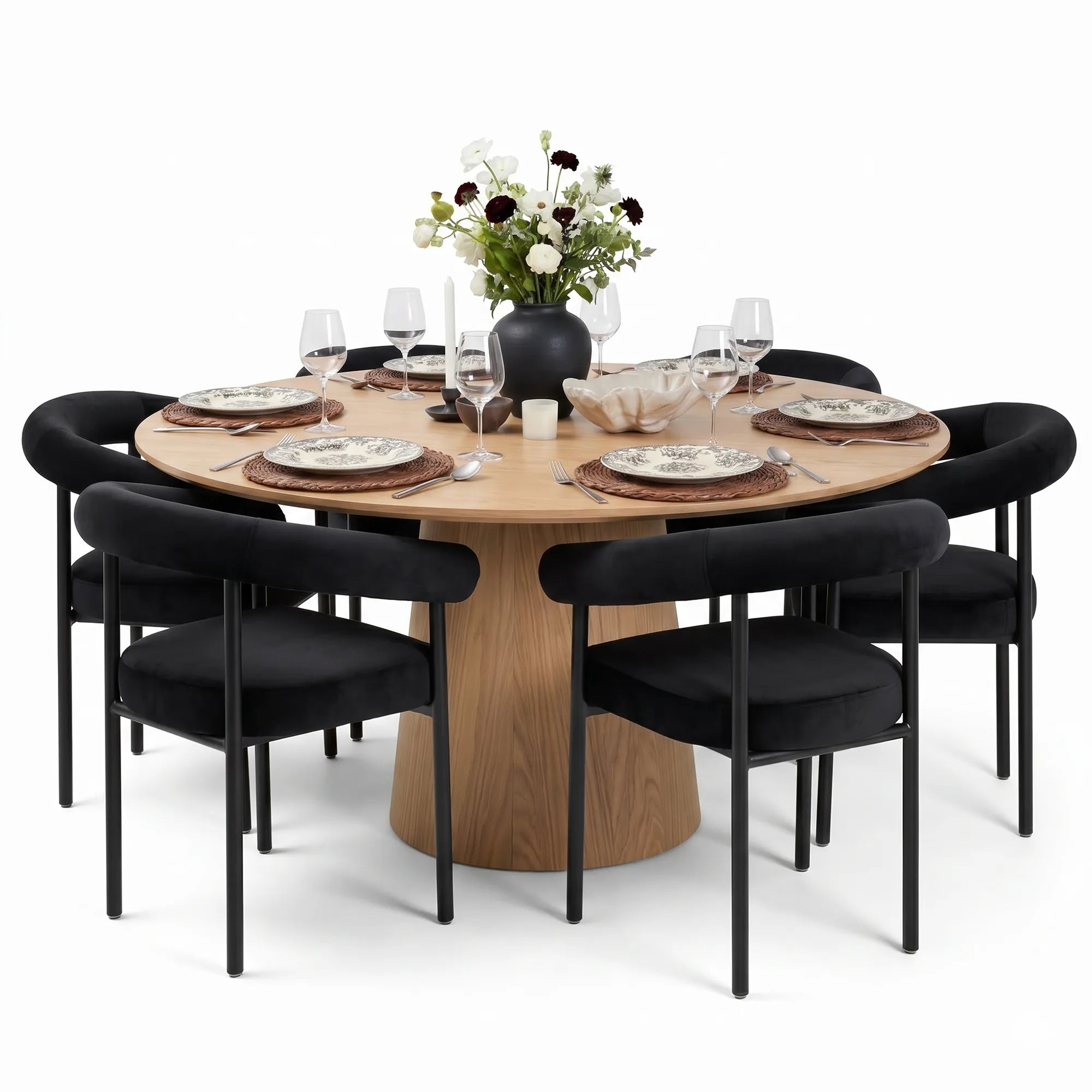 Orchid & New York 60" Solid Oak Round Dining Table Set for 6 (7-Piece)