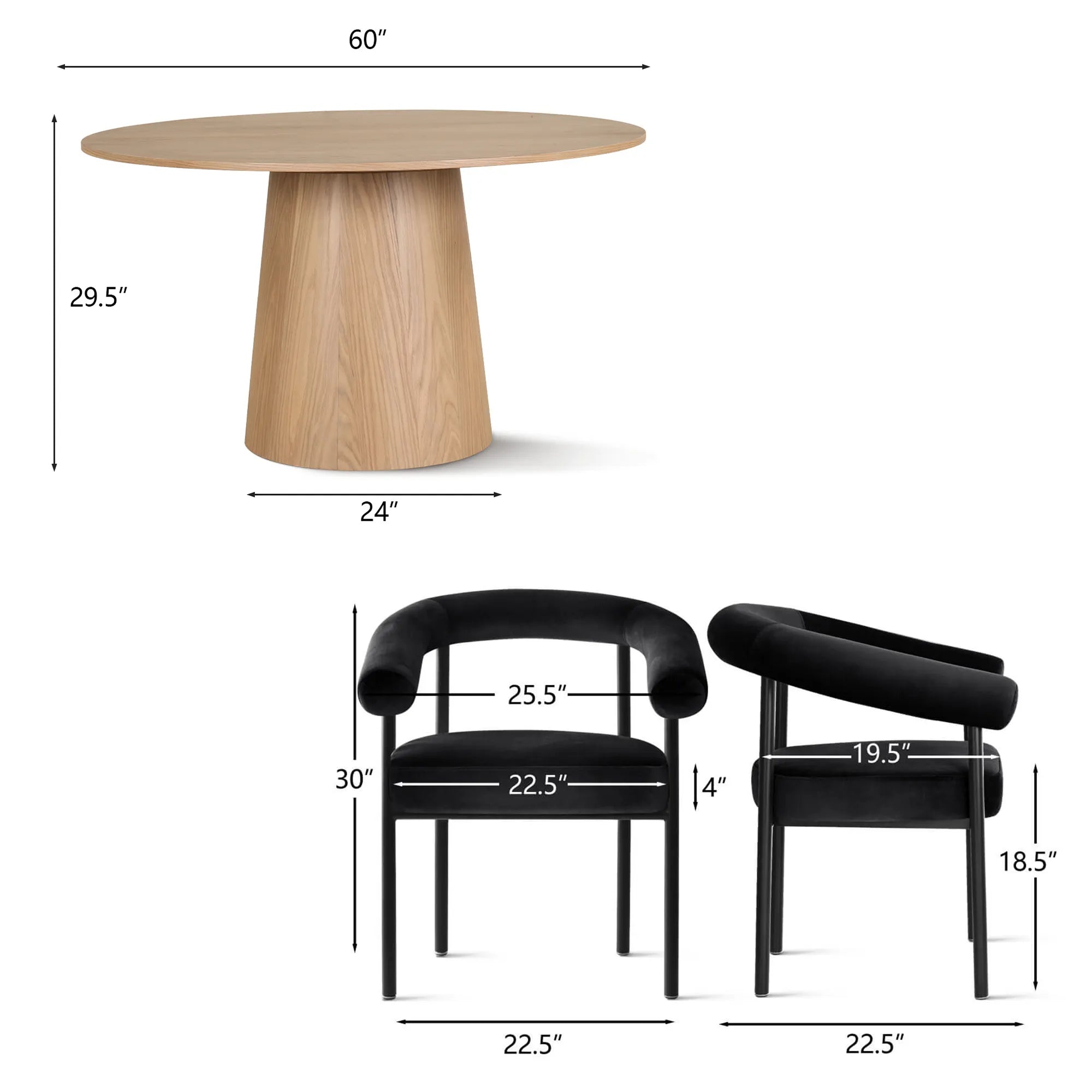 Orchid & New York 60" Solid Oak Round Dining Table Set for 6 (7-Piece)