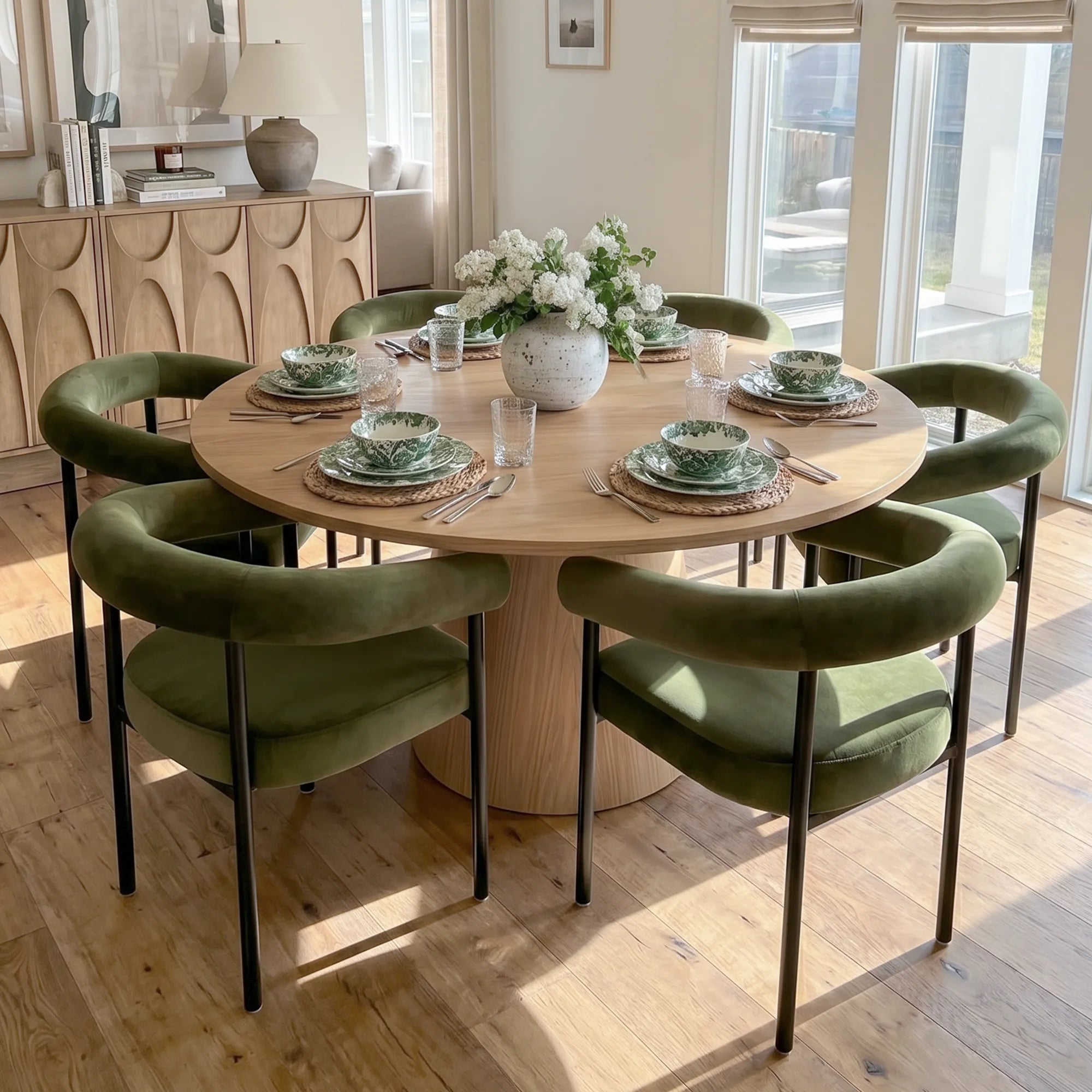 Orchid & New York 60" Solid Oak Round Dining Table Set for 6 (7-Piece)