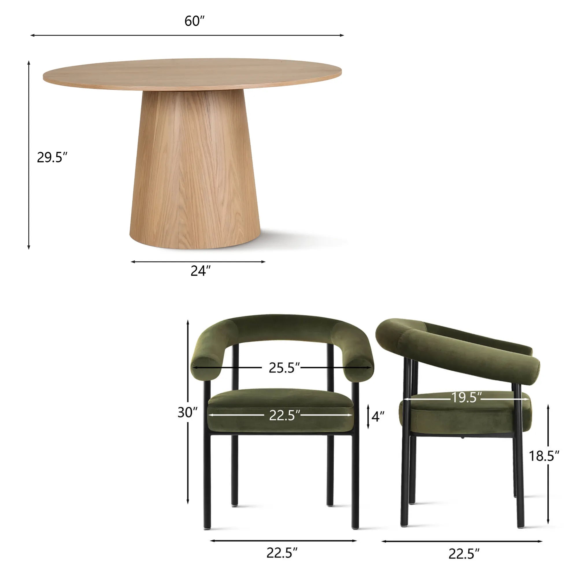 Orchid & New York 60" Solid Oak Round Dining Table Set for 6 (7-Piece)