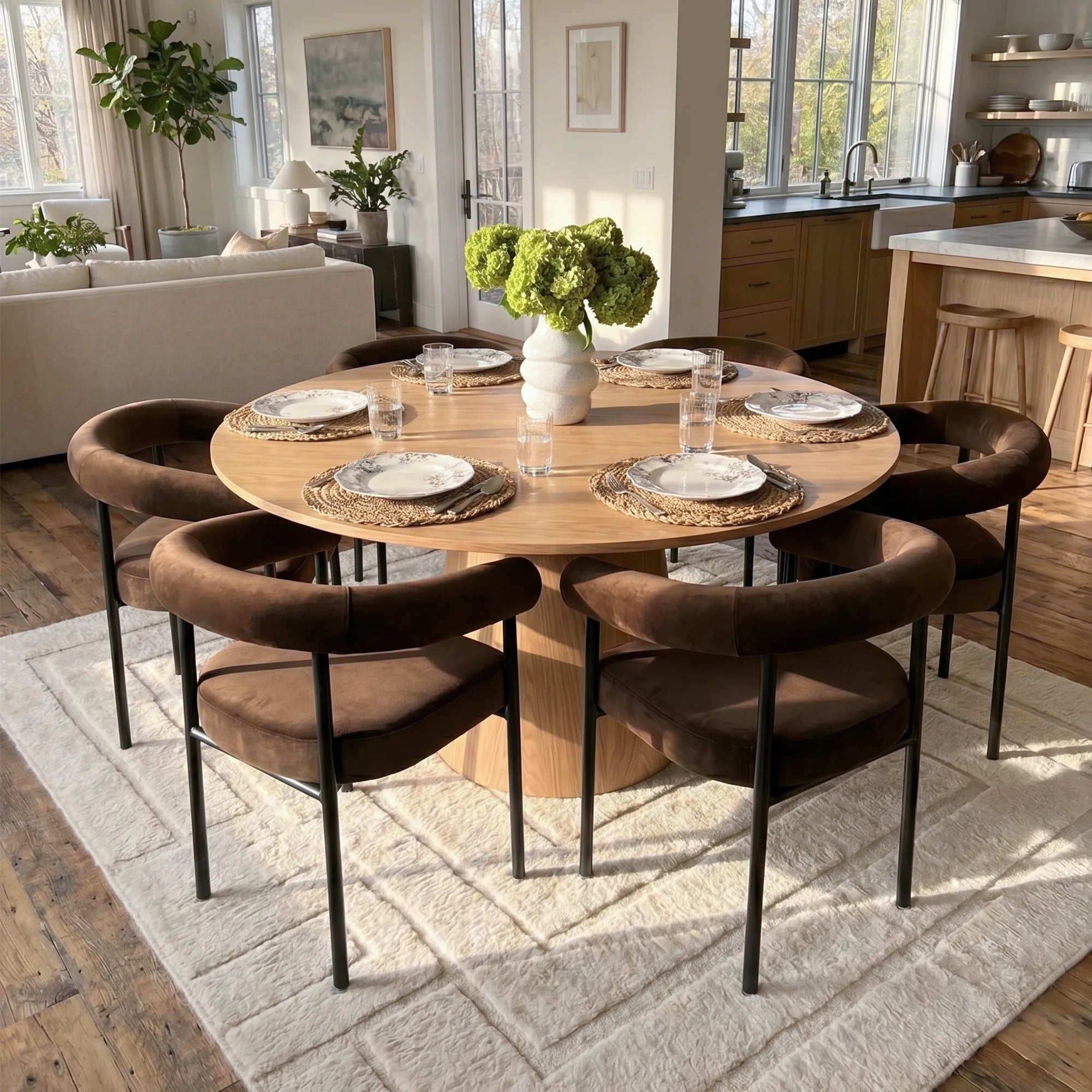 Orchid & New York 60" Solid Oak Round Dining Table Set for 6 (7-Piece)