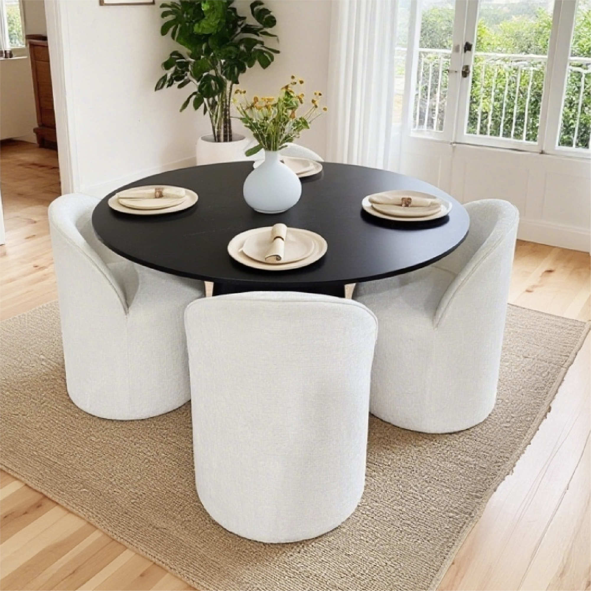 Orchid & Doris 52" Round Black Dining Table Set for 4 (5-Piece)