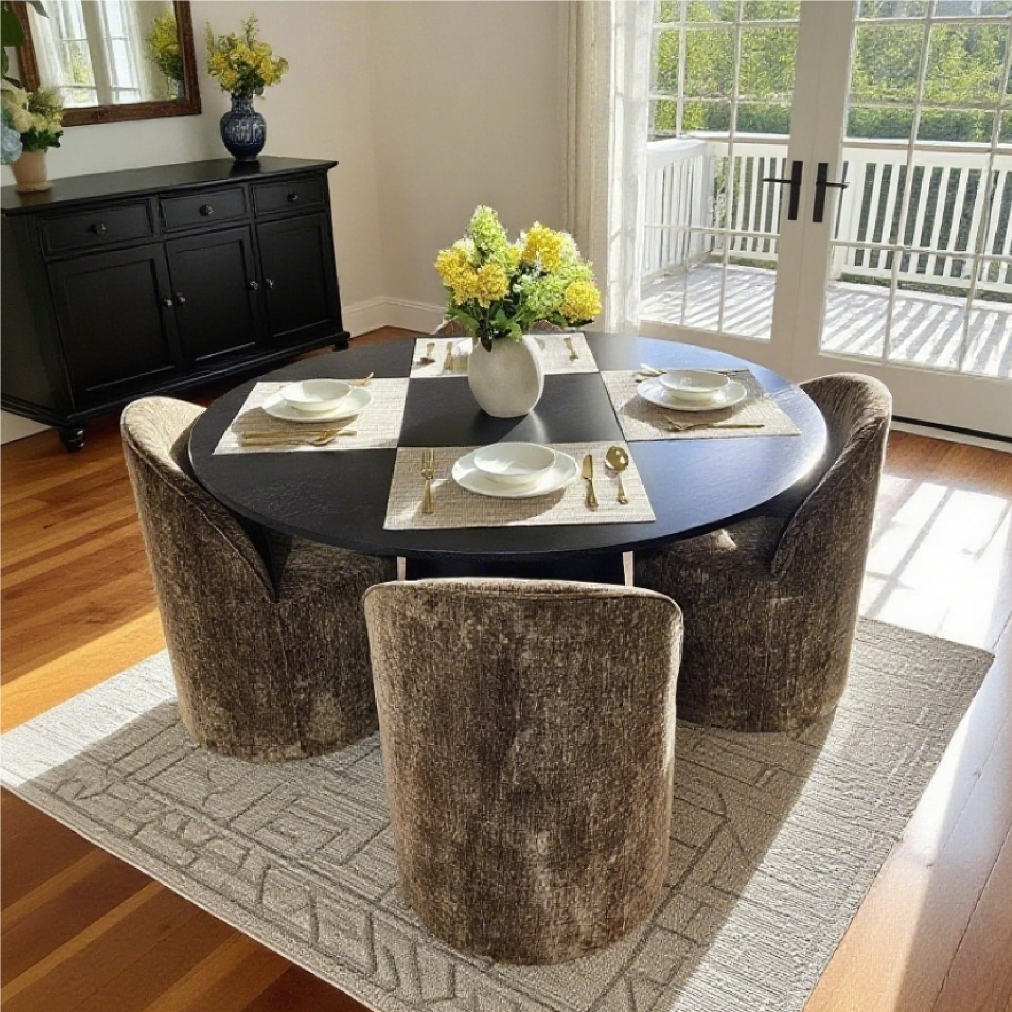 Orchid & Doris 52" Round Black Dining Table Set for 4 (5-Piece)