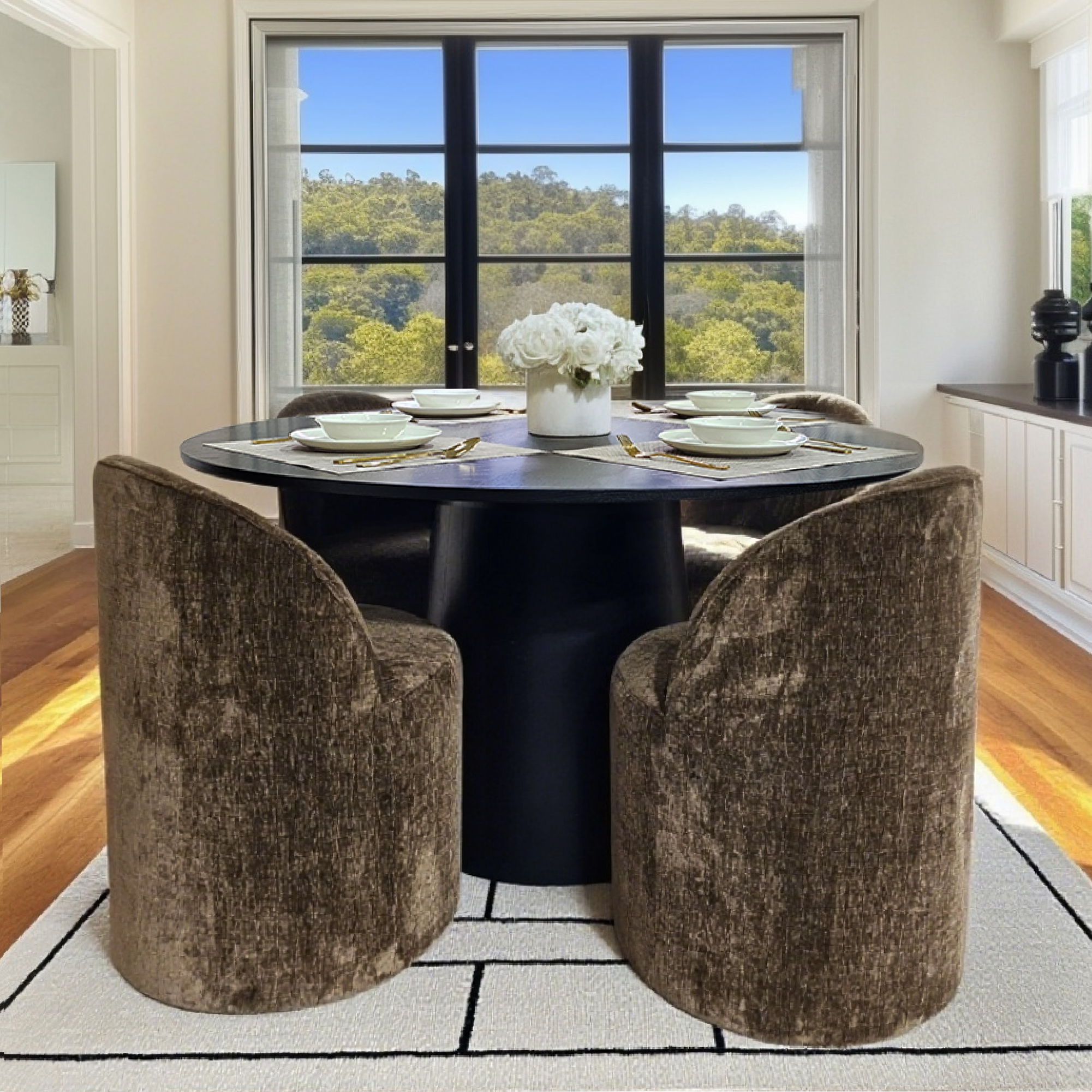 Orchid & Doris 52" Round Black Dining Table Set for 4 (5-Piece)