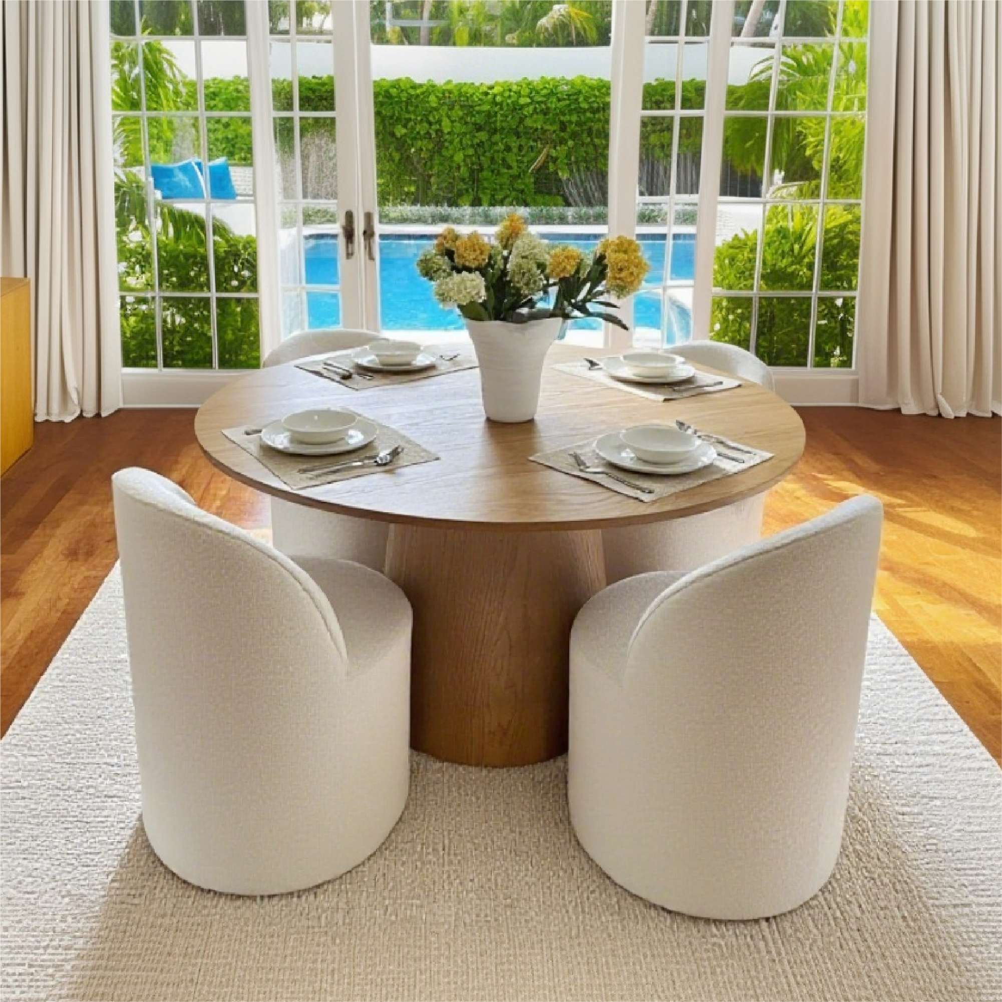 Orchid & Doris 52" Round Natural Dining Table Set for 4 (5-Piece)