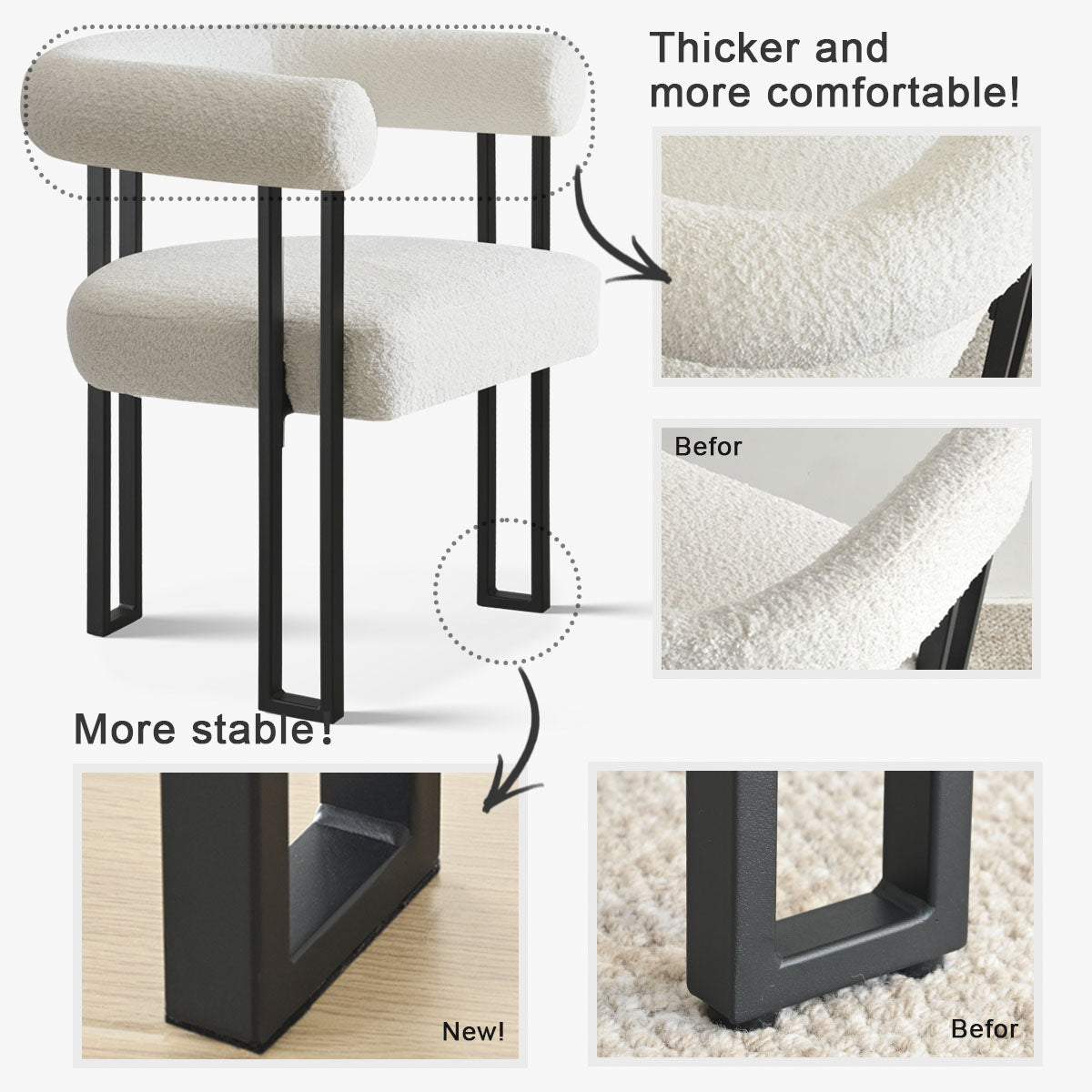 Dwen & Rola 46" Round Black & Boucle Dining Table Set for 4 (5-Piece)