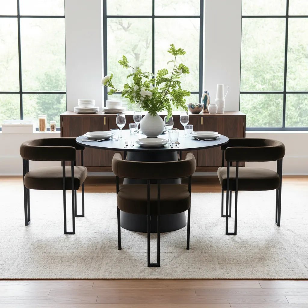 Dwen & Mia 46" Round Black & Velvet Dining Table Set for 4 (5-Piece)