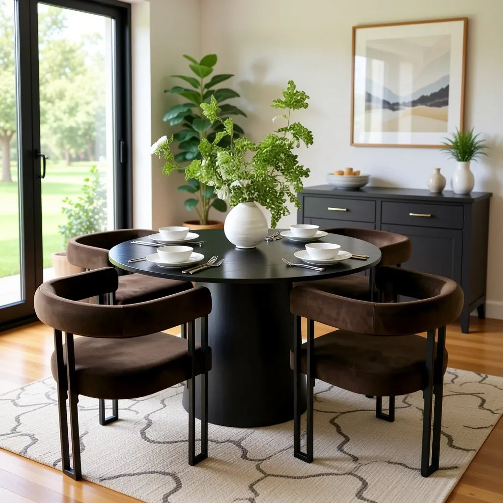 Dwen & Mia 46" Round Black & Velvet Dining Table Set for 4 (5-Piece)