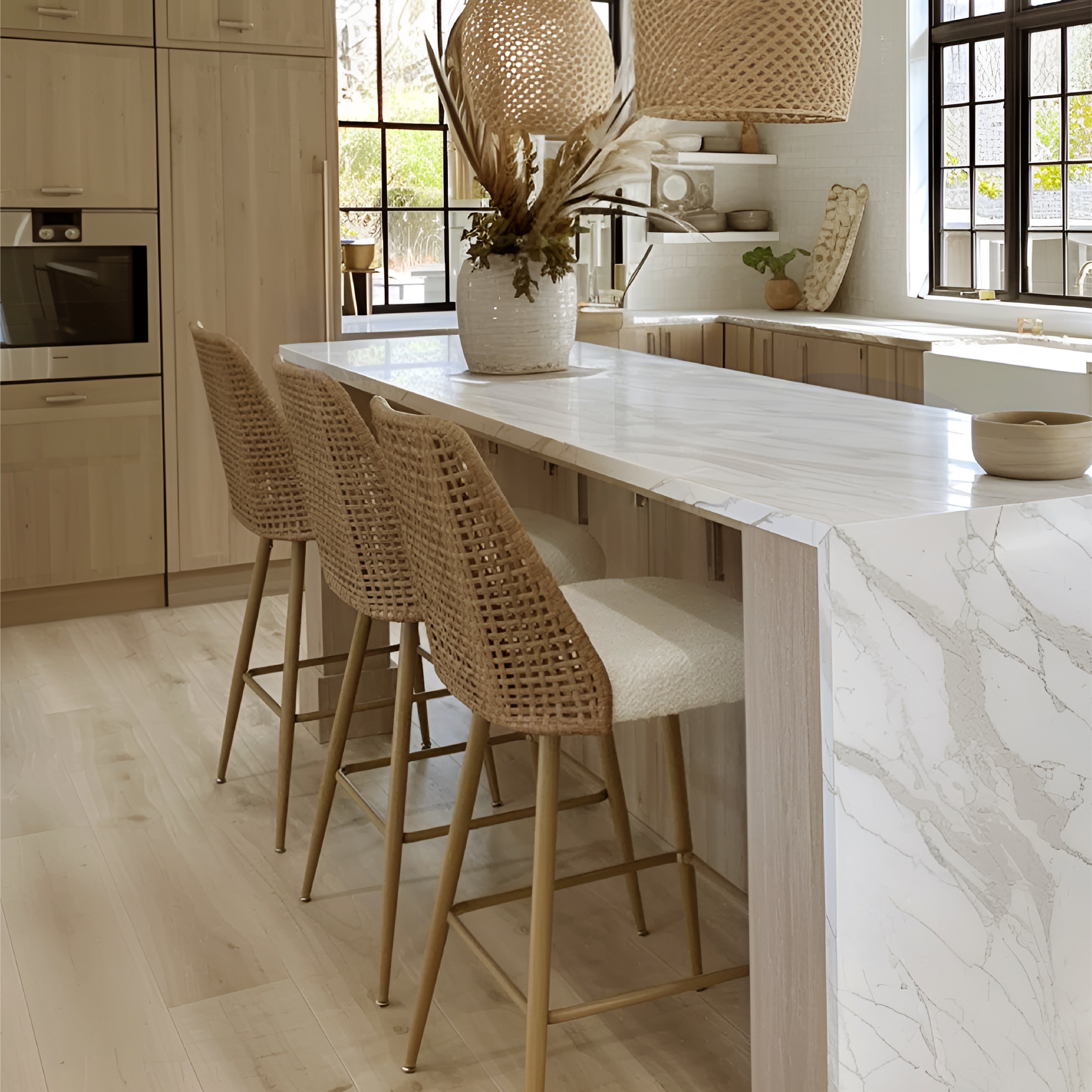 Nice 27" Modern Rattan Upholstered Counter Stool (Set of 4)