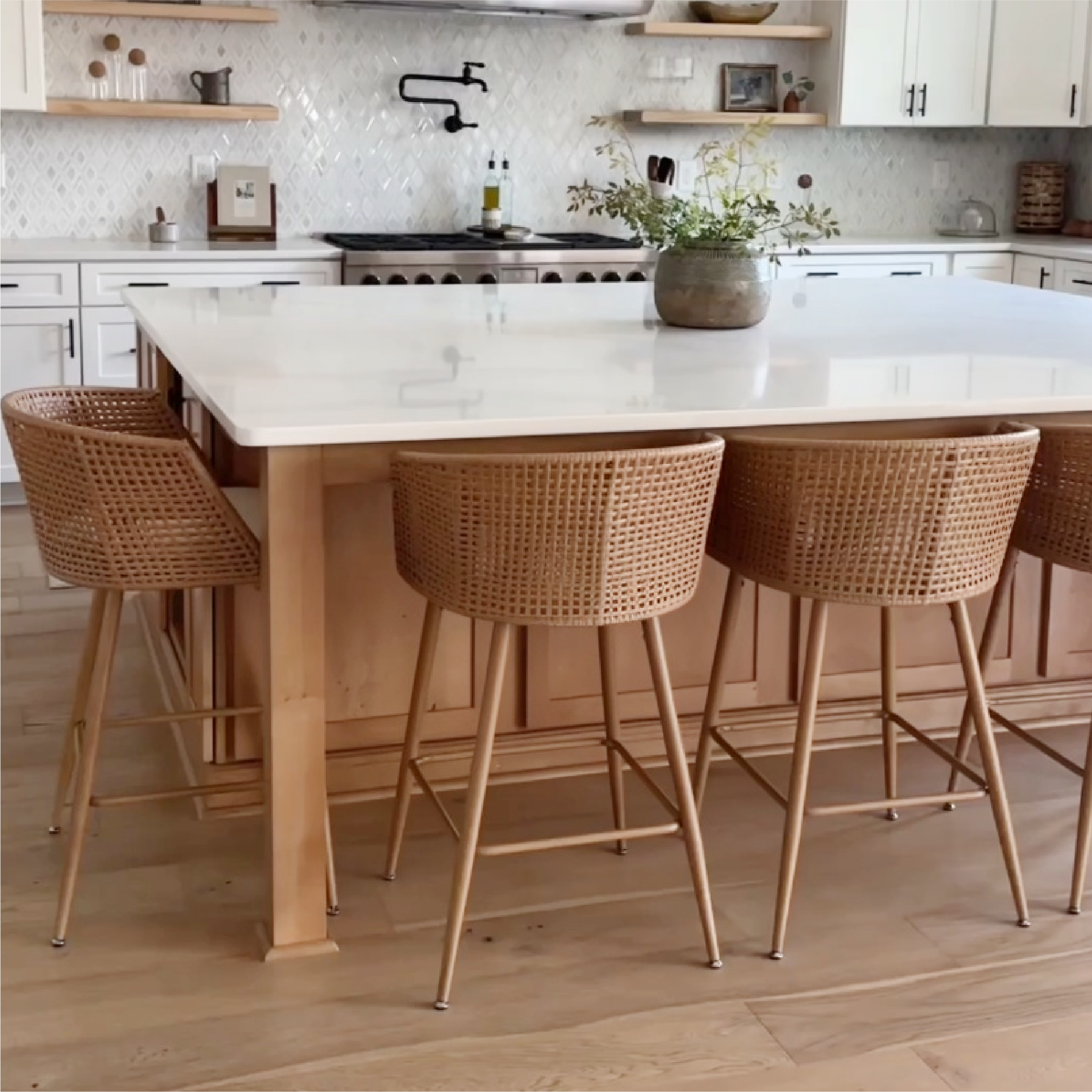 Nice Beige Rattan Upholstered Counter Stool with Arms (Set of 4)