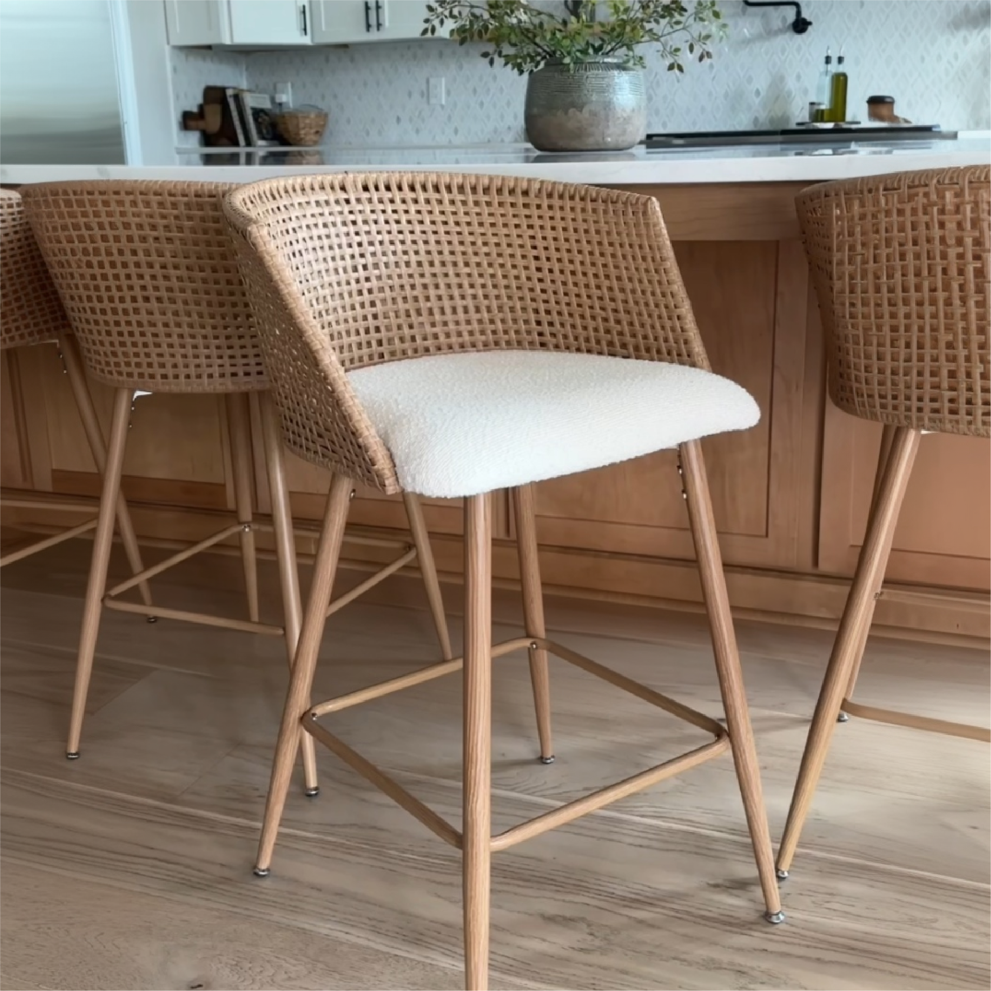 Nice Beige Rattan Upholstered Counter Stool with Arms (Set of 4)