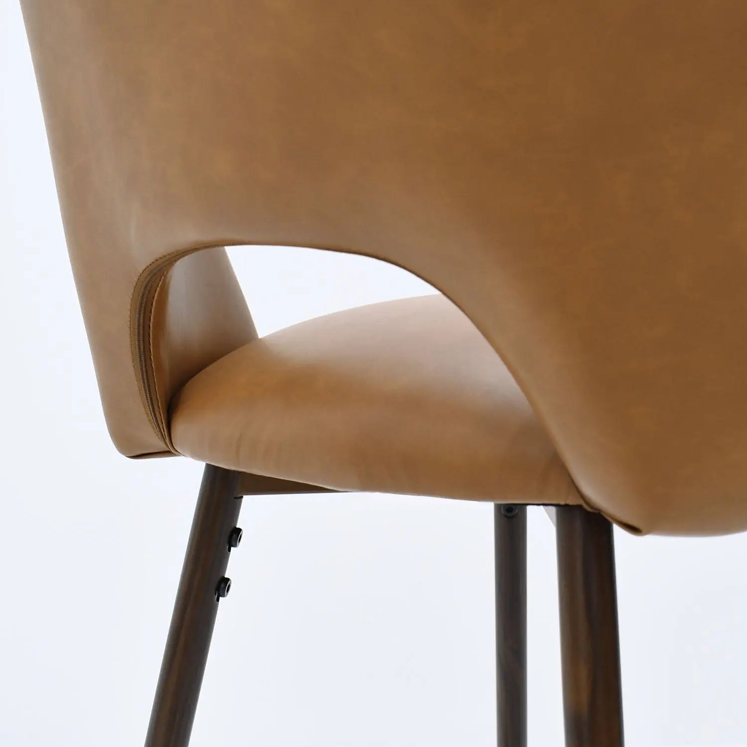 Edwin Modern Leather Counter Stool, sleek design, tan leather, metal legs, close-up detail view.